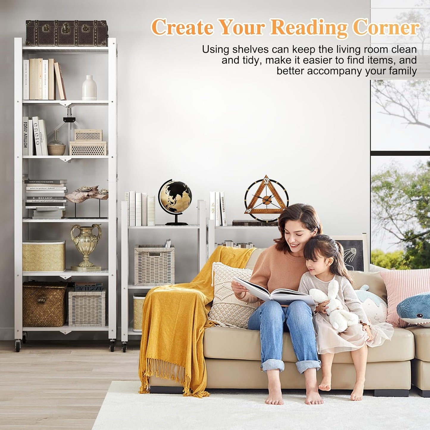 BAYOYONI 6 Tier Industrial Bookshelf - Storage Shelves with Two Usage Modes - Foldable Metal Bookshelves for Living Rooms, Offices, and Bedrooms (White, 6 Tier)