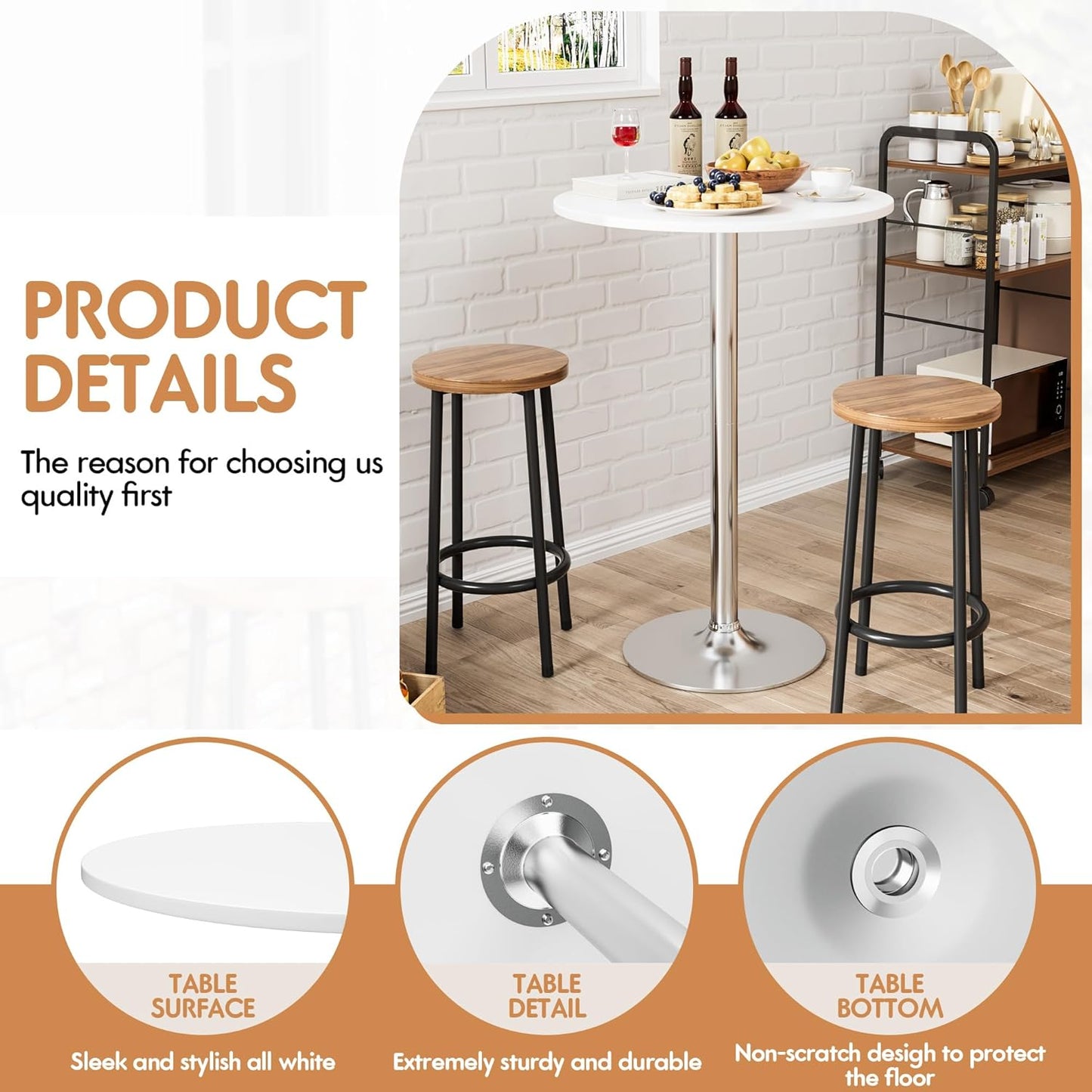 Shahoo Round Bar Table, Cocktail Tables with Metal Base & MDF Top, for Bistro Pub, Cafe, Silver and White