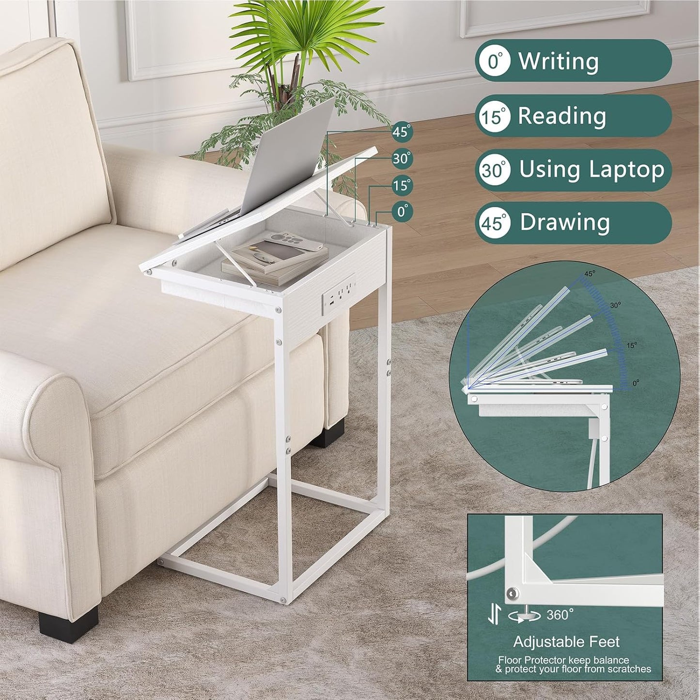 C Shaped End Table with Charging Station, 45° Tiltable Adjustable Flip Top Side Table with Storage,Small C Table for Small Spaces,Slide Under Couch Sofa Bedside Table for Living Room,White