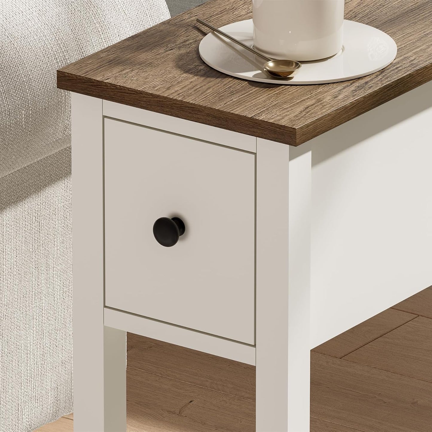ChooChoo Narrow End Table, Small Side Table for Small Spaces, Slim End Table with Drawer, Narrow Nightstand Bedside Table for Living Room Bedroom, White, 2 Pack