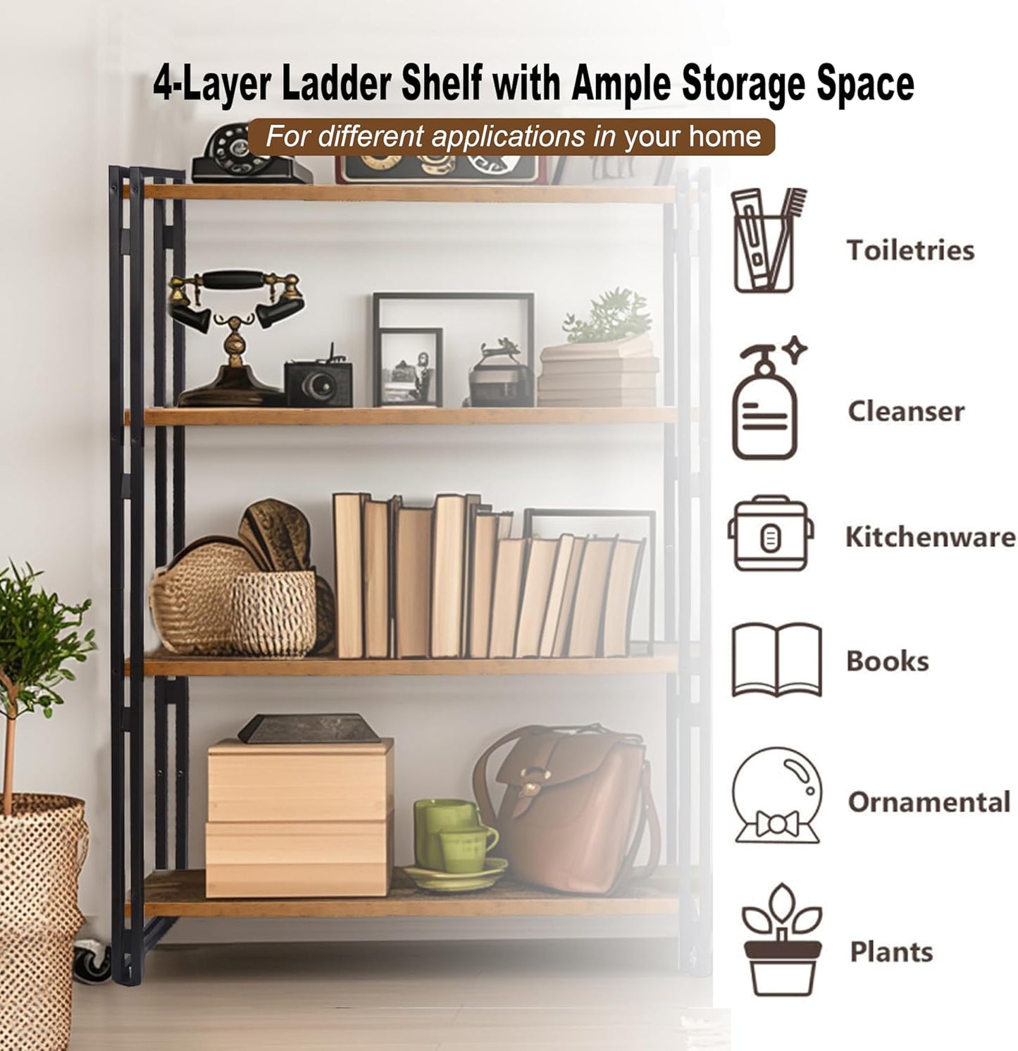 47" 5-Tier Bookshelf Rustic Wood and Metal Industrial Bookshelf for Home Office, Bedroom, Kitchen, Bathroom (Rustic Brown, 5-Tier)