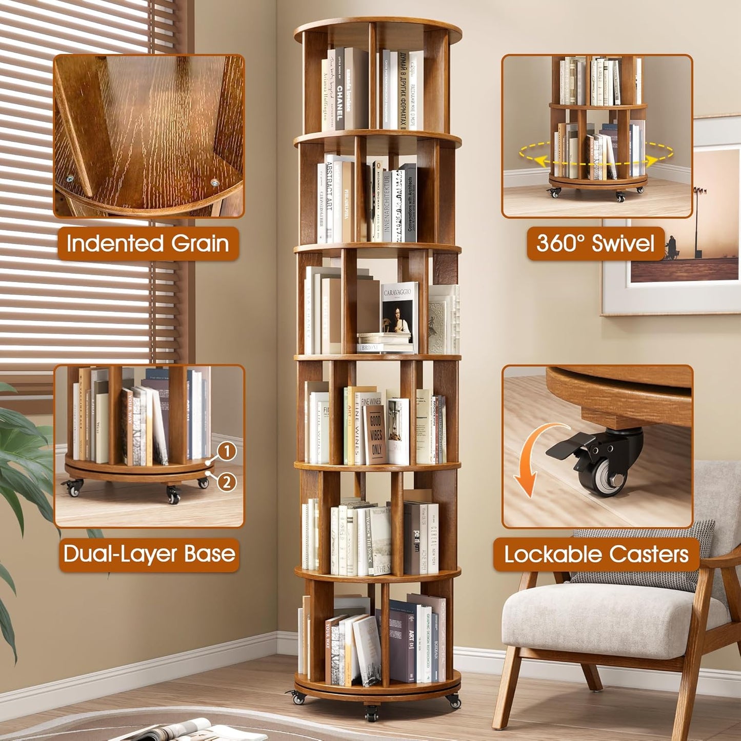6 Tier Solid Wood Rotating Bookcase with Wheels, Round Revolving Bookshelf Organizer, 360° Spinning Storage Shelf for Corner, Small Narrow Spaces, Home, Office, Kids Room