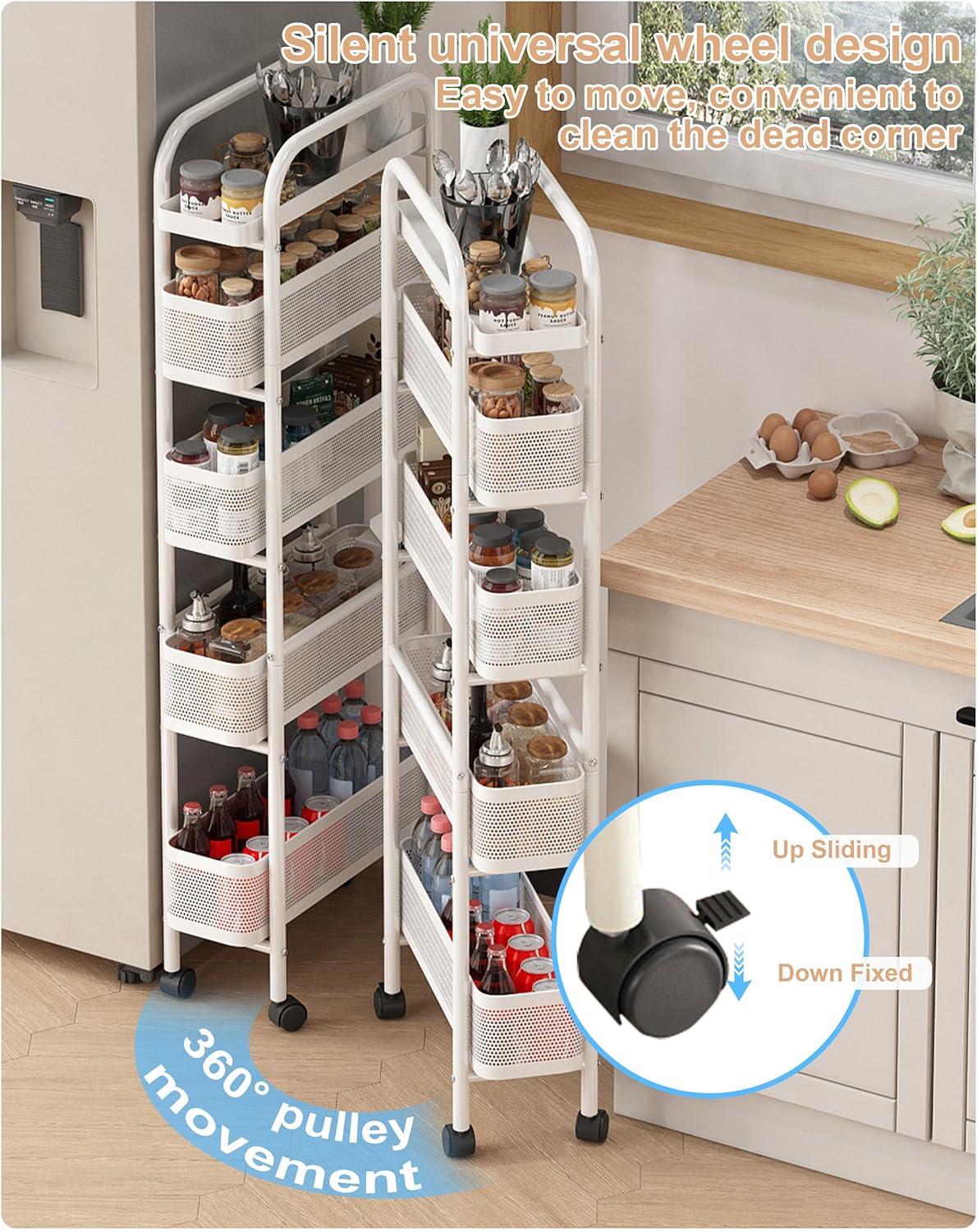 UMDONX Slim Storage Cart 5 Tier with Pull Out Basket Bathroom Organizer Rolling cart, Rolling Utility Cart Slide Out Organizer for Kitchen, Bathroom, Laundry White