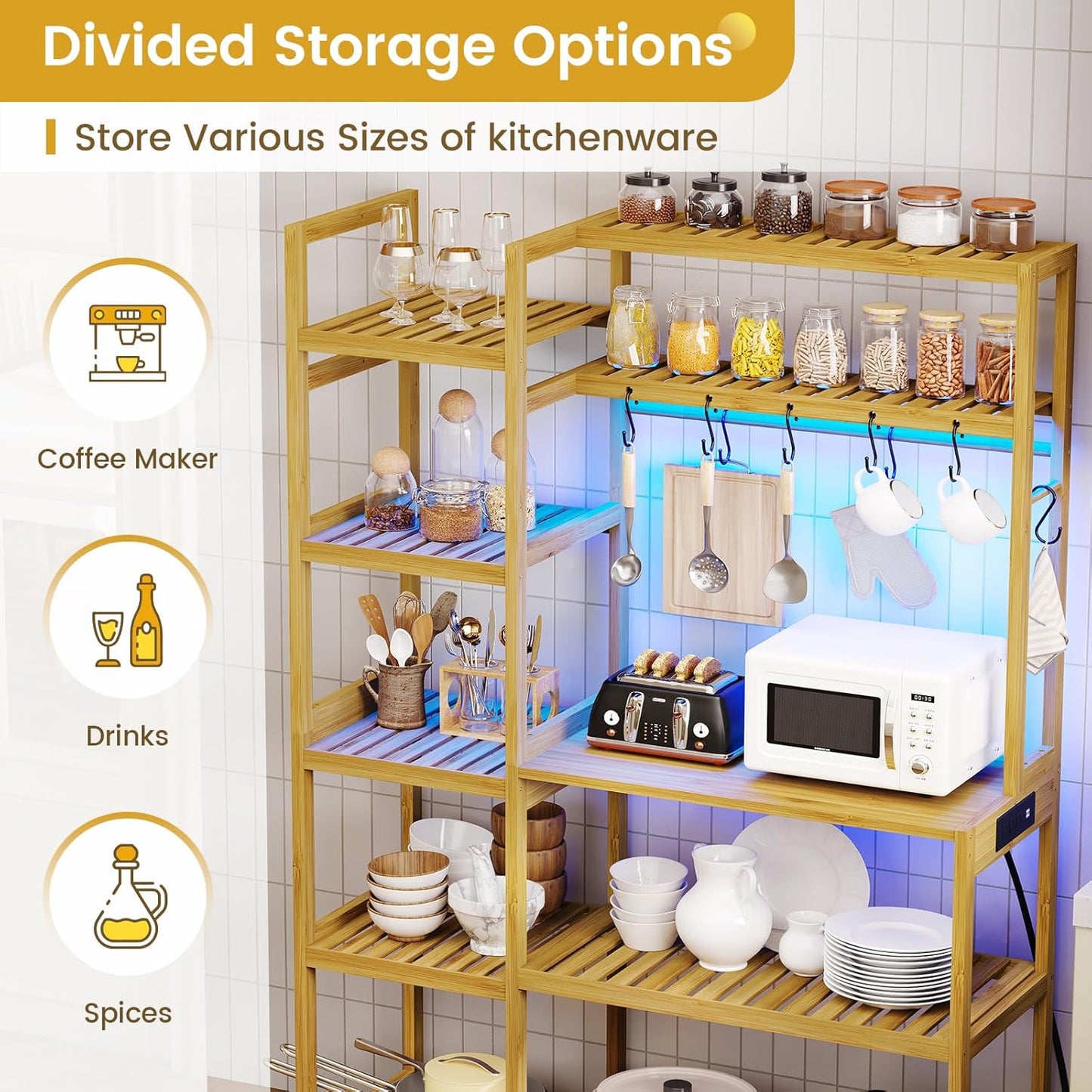 Bakers Rack with Power Outlet, Coffee Bar, 10-Tier Kitchen Shelves with 8 Hooks, Microwave Stand Kitchen Rack Freestanding Utility Storage Shelf, 15.7 x 41 x 65 Inches, Bamboo