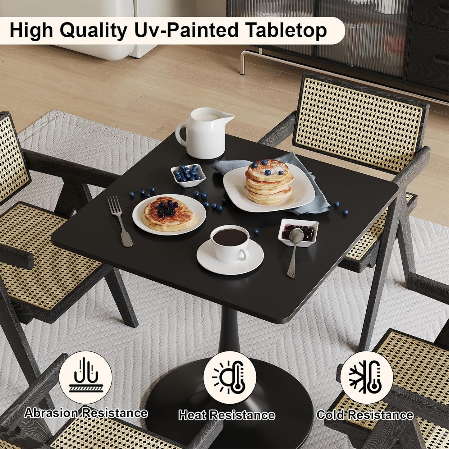 24" Black Tulip Table for Kitchen, Small Square Dining Table for 2 Person, Mid Century Modern Tables with Sturdy Metal Pedestal Base for Living Room, Cafe, Office, Pub, Bar, Bistro