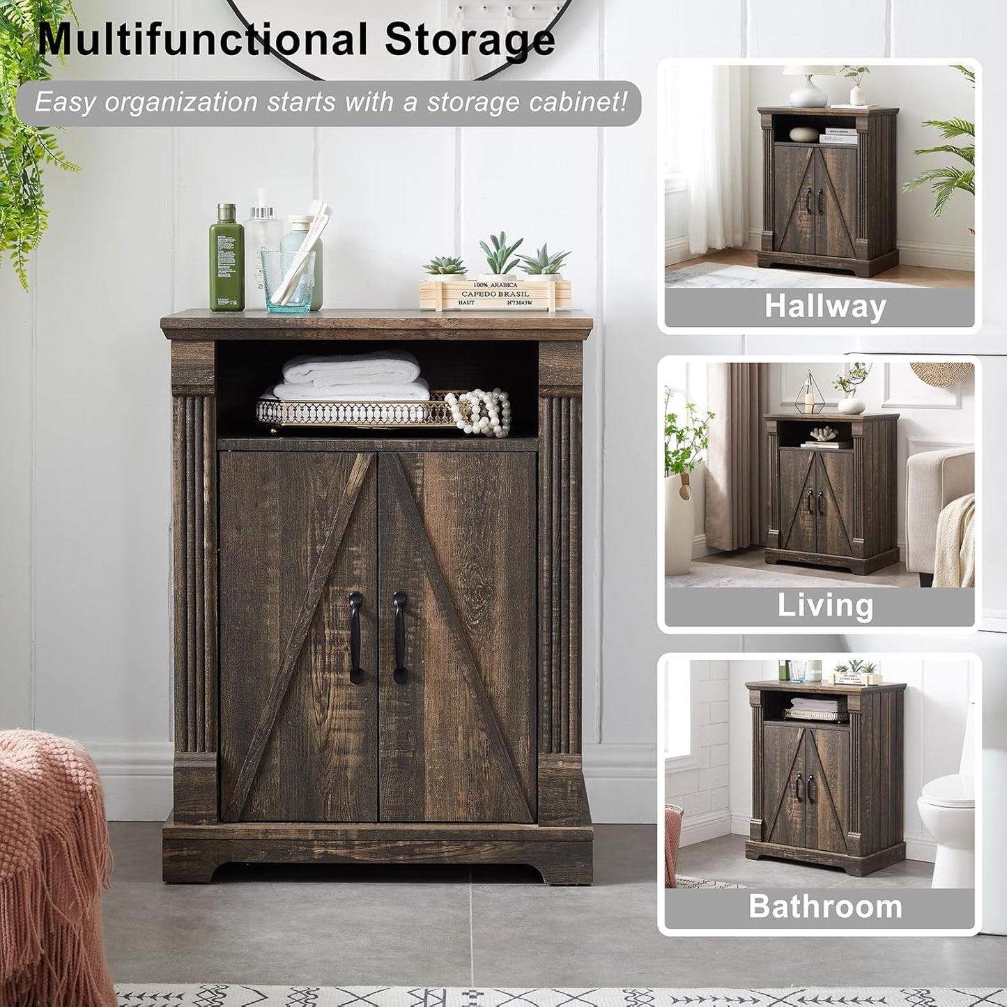 24" Farmhouse Storage Cabinet with Barn Doors, Dark Rustic Oak Freestanding Sideboard Buffet with Adjustable Shelf, Pantry Hutch Coffee Bar for Kitchen Bathroom Living Room - Small Floor Cabinet