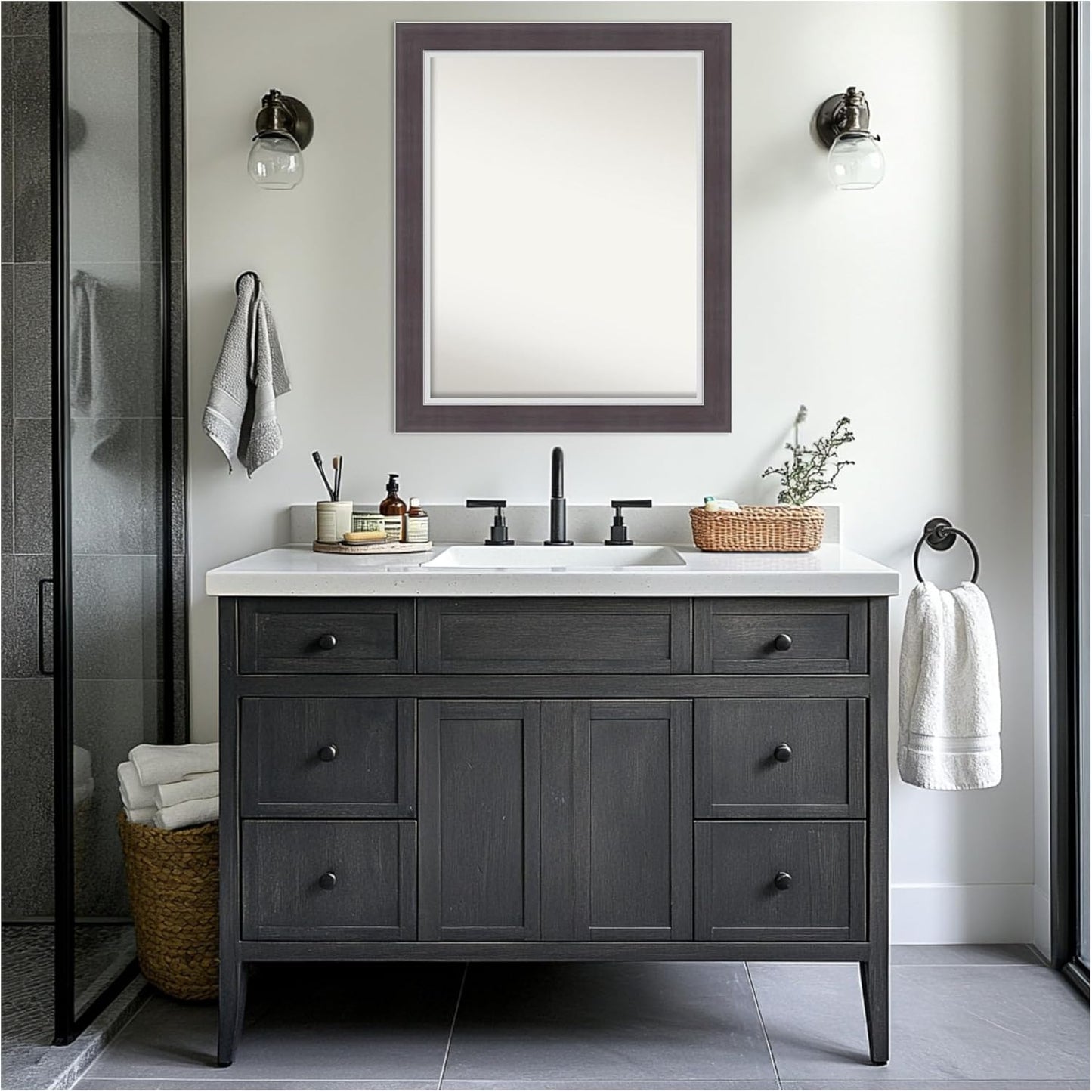 Amanti Art Brown Bathroom Mirror for Over Sink, 28x34 Ellie Brown Silver Rectangle Vanity Mirror, Large Modern Frame, Hangs Horizonally and Vertically, Bathroom Wall Decor, Non-Beveled Edge