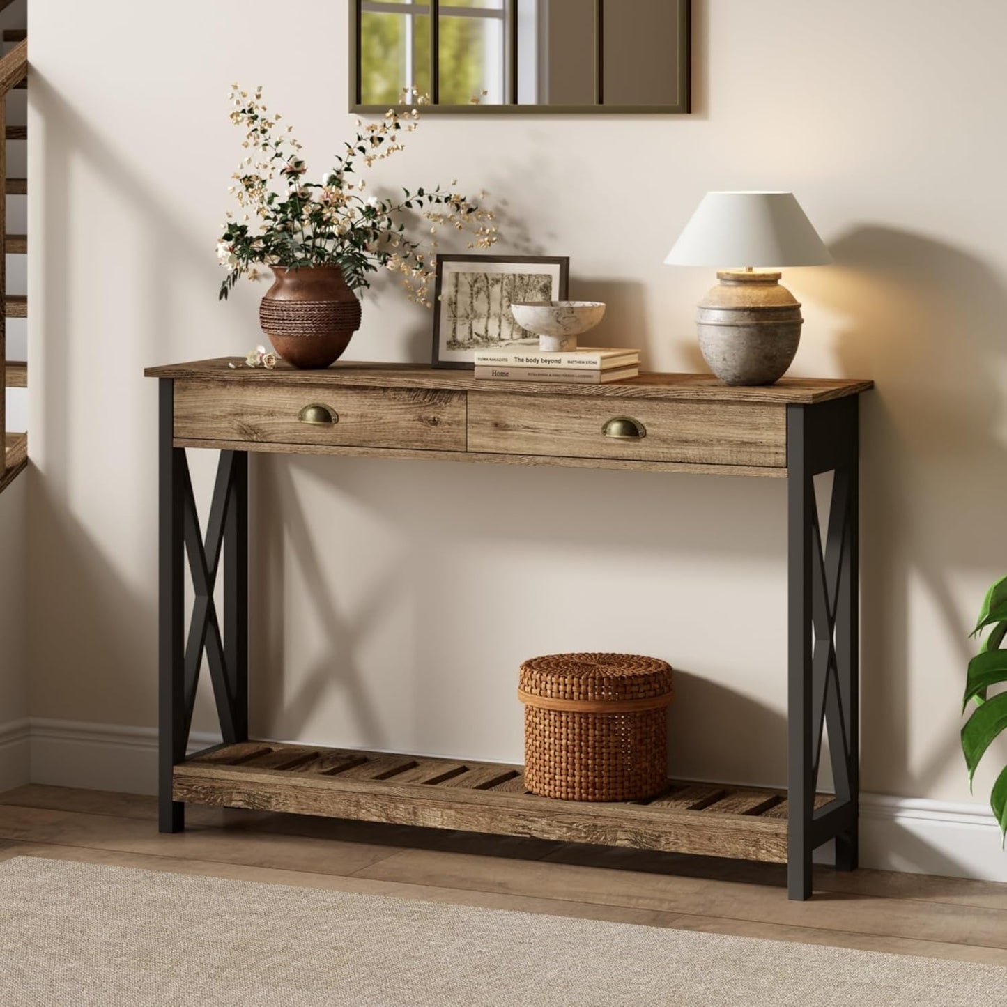 ChooChoo Farmhouse Console Table with Drawer for Entryway, Narrow Long Entry Table with Shelf for Living Room, Rustic Vintage Hallway Sofa Table with Stable X Supports, 40 Rustic Oak & Black