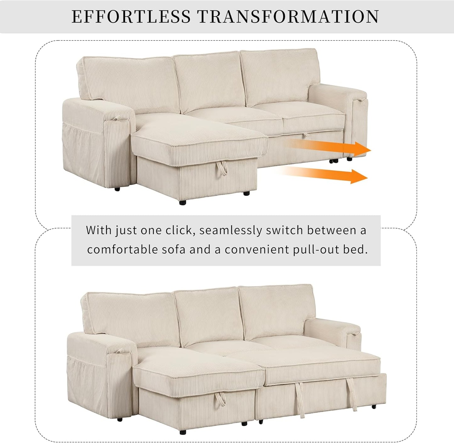 96.1 Inch L-Shaped Convertible Sectional Sleeper Sofa with Pull Out Bed, Storage Bags and 2 Hidden Cup Holders on Arms, Upholstered Corner Couch for Living Room Office Apartment, Beige