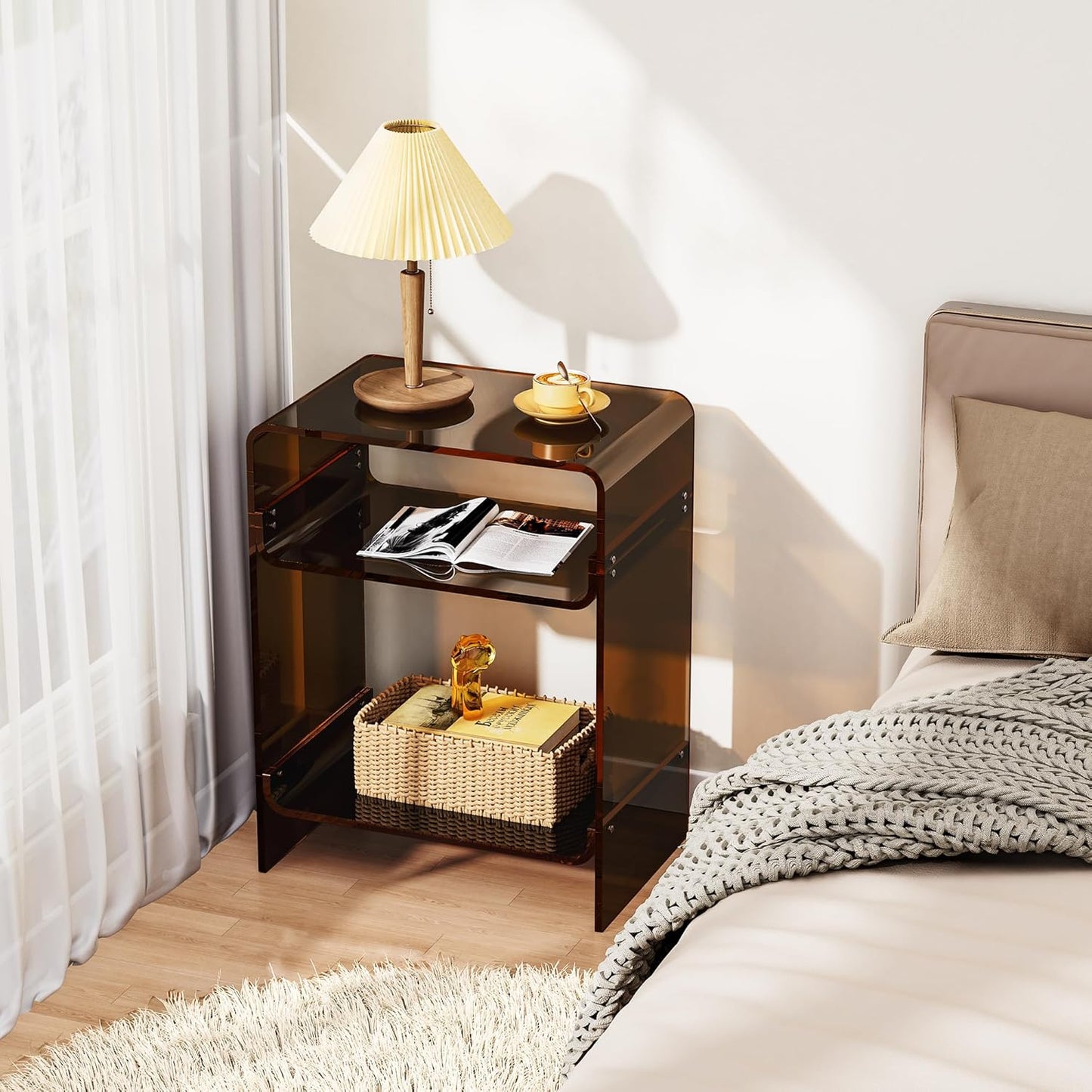 Acrylic Record Player Table with Storage Shelf, Clear Side Table Nightstand (Dark Brown)