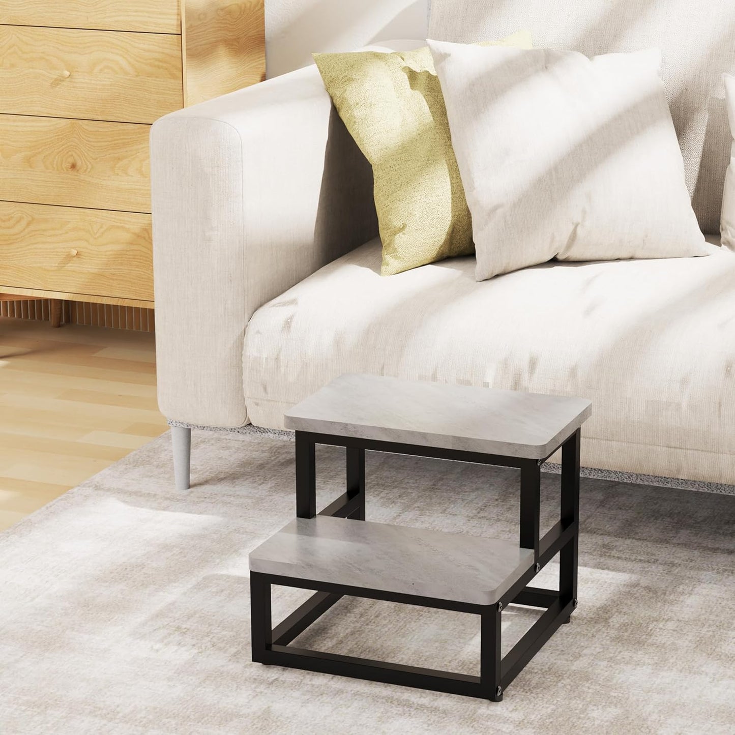 Step Stools, Heavy Duty Stepping Stool for Kids Adults, Non-Slip Metal and Wooden 2 Steps Foot Stool for High Beds and Kitchen, Round Corner, 500 Lbs Capacity, Cement Gray