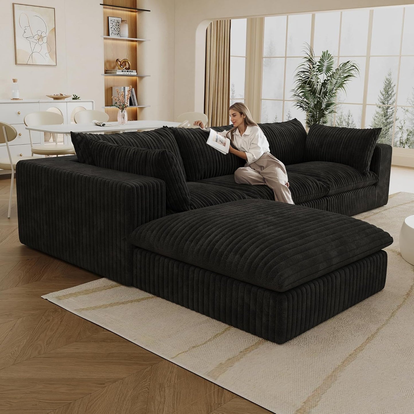 118.2" L Shaped Modular Sectional Cloud Couch with Ottoman, Plush Corduroy Upholstered Compression Sofa, 4-Seat Deep Seat Boneless Sofa Couches with Throw Pillow