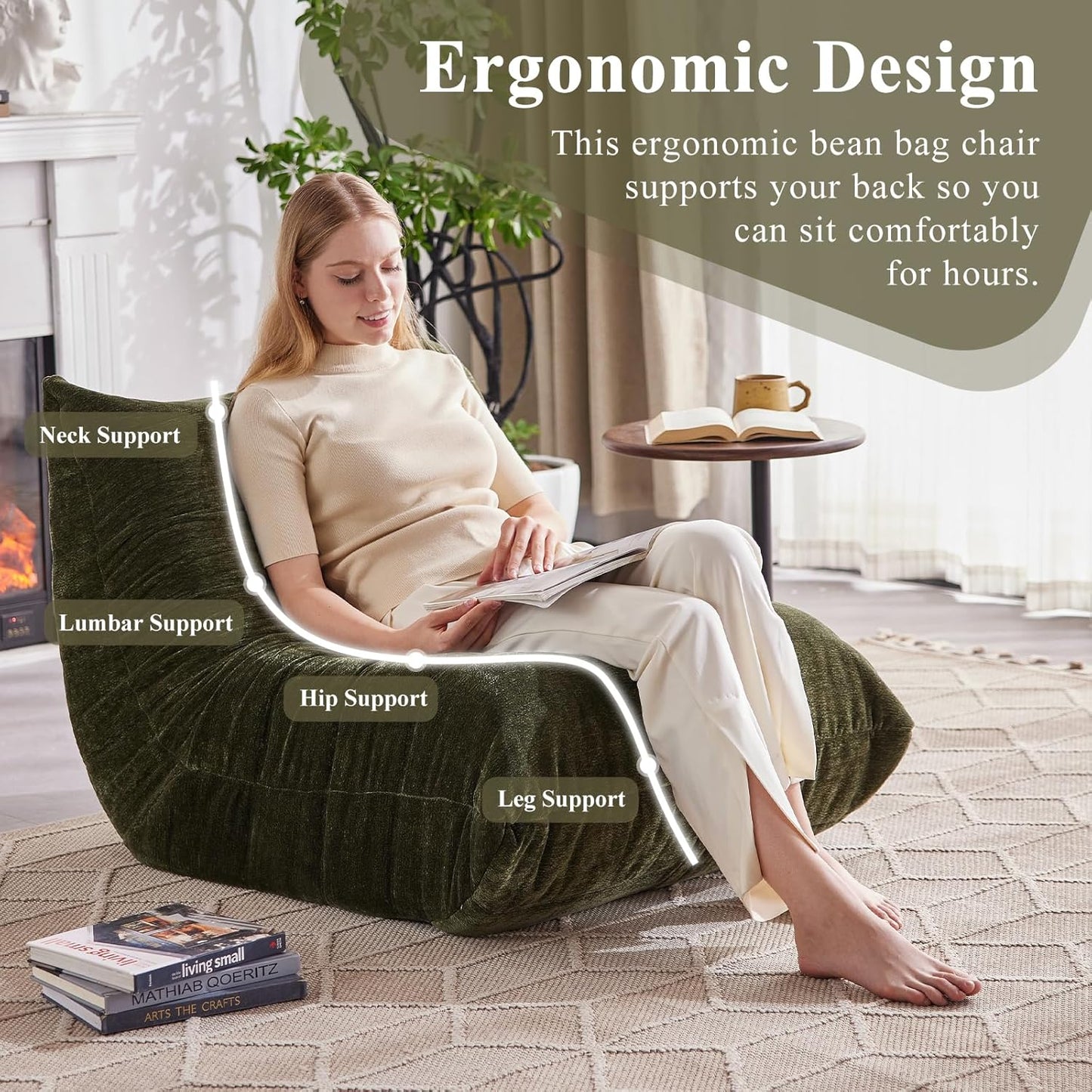 Bean Bag Chair, Fireside Chair Big Bean Bag Sofa for Adults/Teens, Memory Foam Bean Bag Gaming Chairs with Comfy Design & Premium Fabric, Lazy Floor Sofa for Living Room, Bedroom, Olive Green