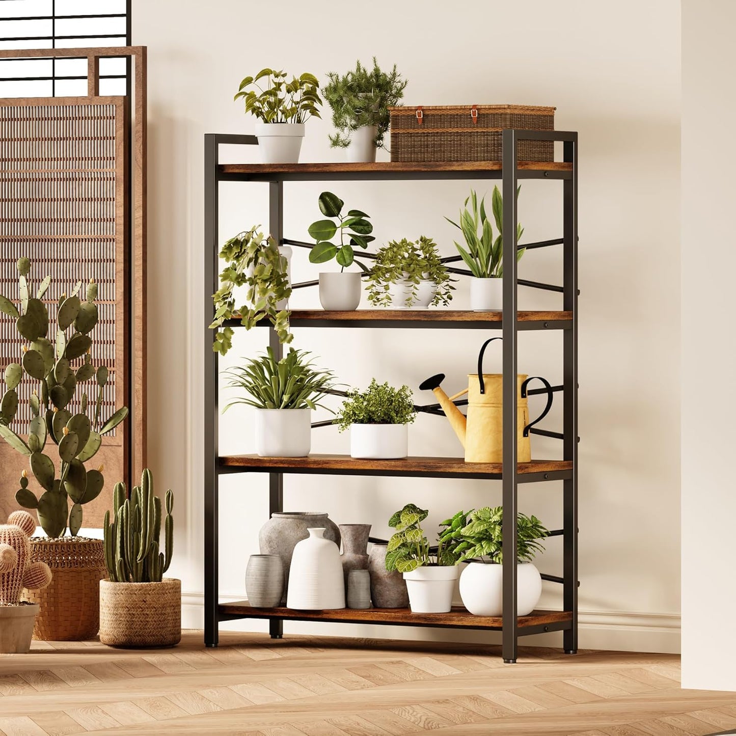 4 Tier Bookshelf 31.49" Width, Tall Book Shelf Storage and Organization, Wooden and Metal Industrial Bookcase, Large Book Shelves for Home Living Room Bedroom Office Storage(Vintage)