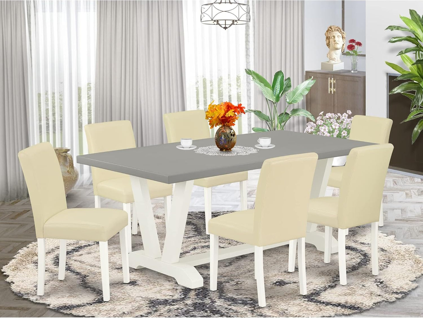 East West Furniture V097AB264-7 7 Piece Kitchen Table & Chairs Set Consist of a Rectangle Dining Table with V-Legs and 6 White Faux Leather Parson Dining Chairs, 40x72 Inch, Multi-Color