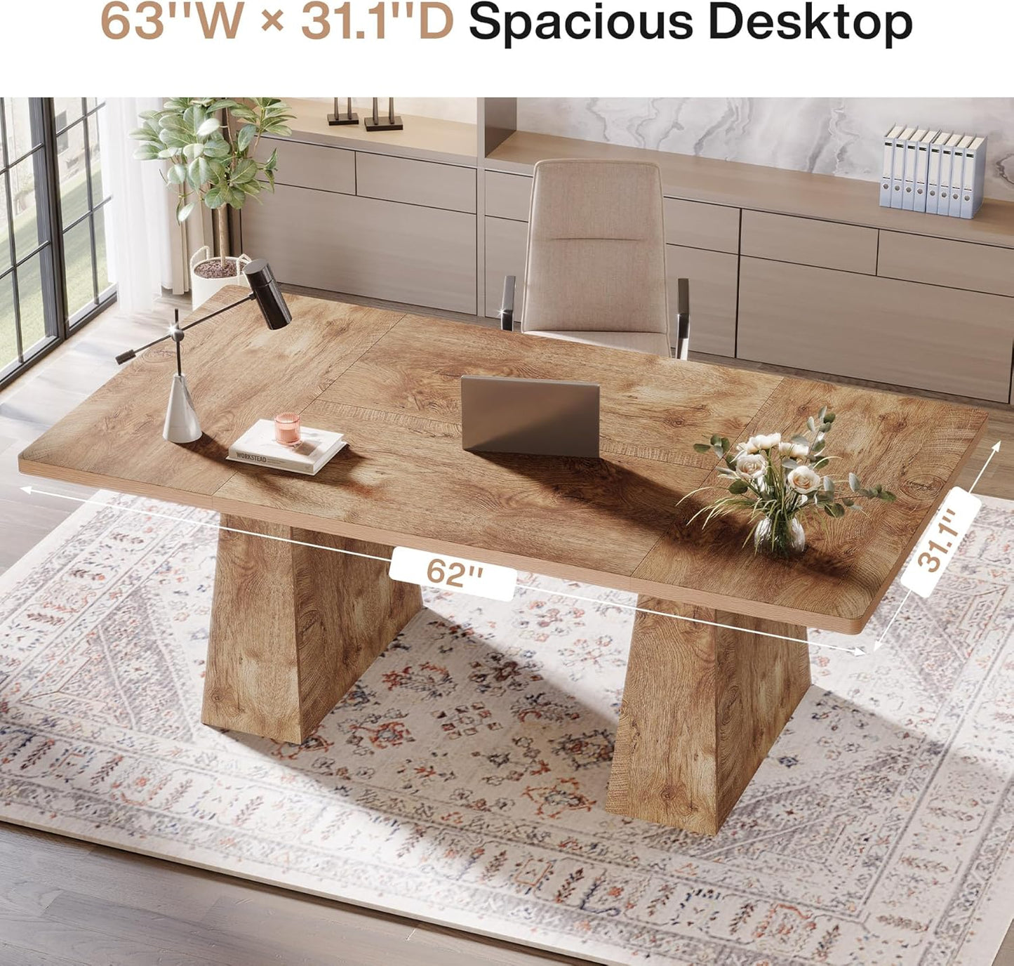 Tribesigns 63-Inch Executive Desk, Large Office Computer Desk with Double Pedestal, Modern Simple Workstations Writing Table Conference Table Business Furniture for Home Office, Natural