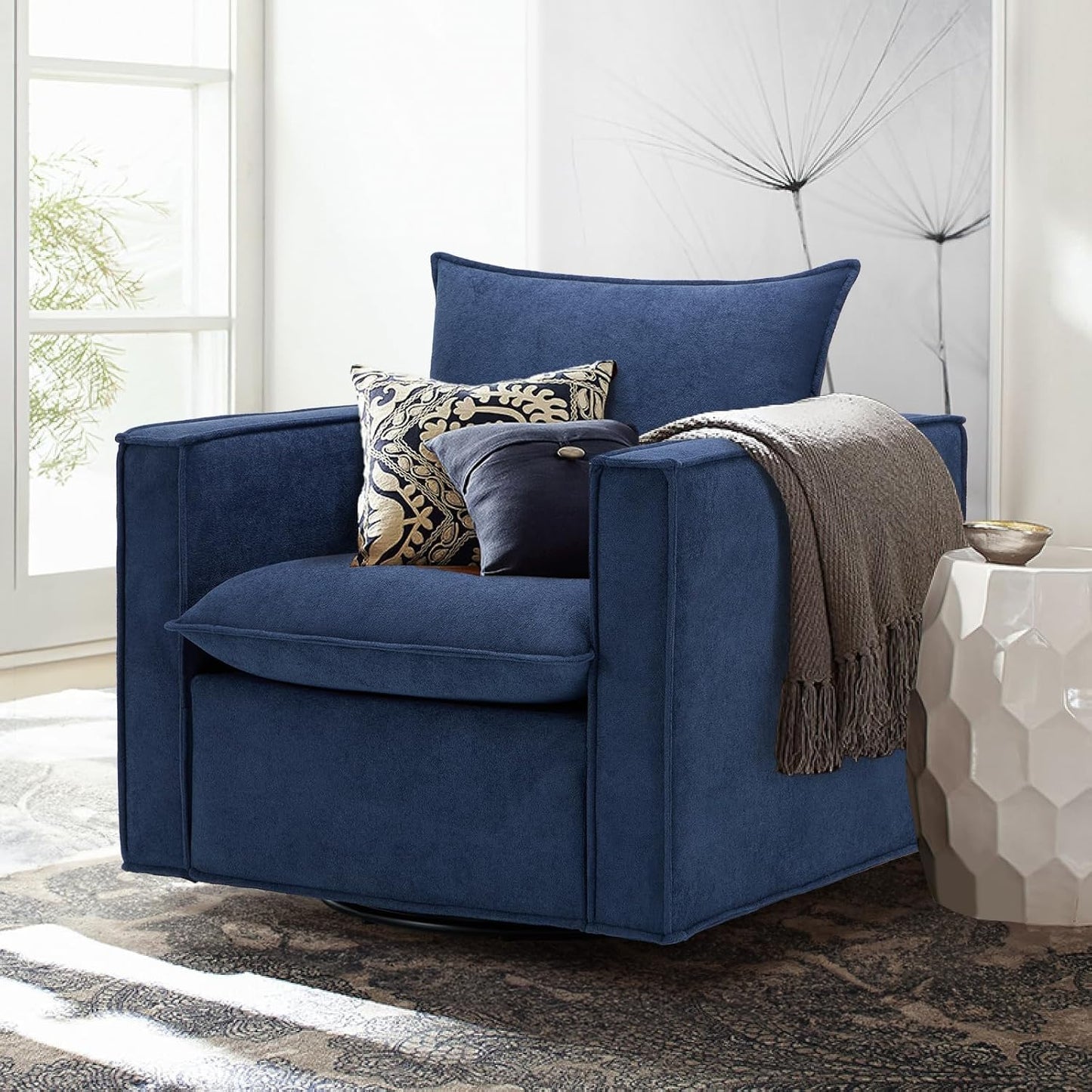 COLAMY Swivel Accent Chair, 34in Living Room Chair Upholstered Armchair with Back Pillow Modern Comfy Sofa Chair for Bedroom/Corner/Reading, Blue