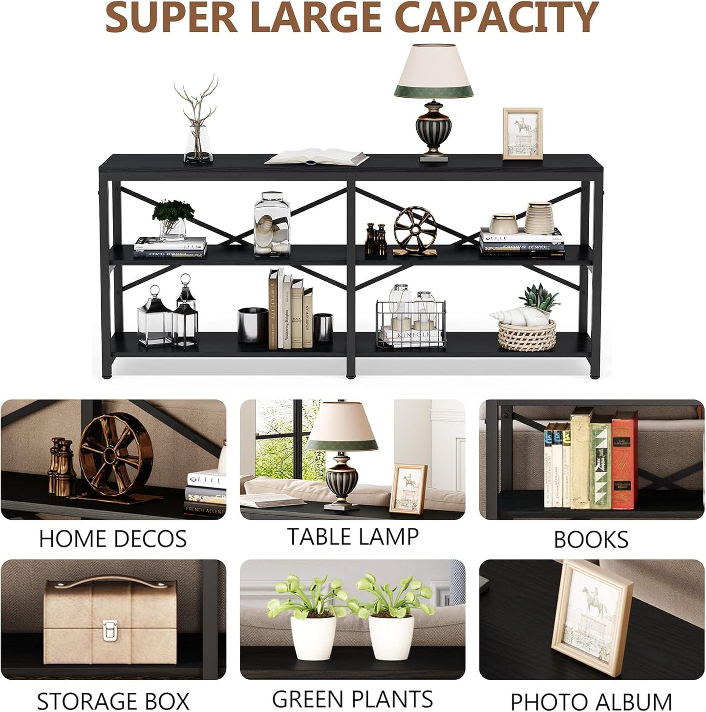 Tribesigns 70.9 Inch Extra Long Console Table, Modern Sofa Table Behind Couch Table with Storage Shelves, 3-Tier Industrial Hallway Entryway Table for Living Room, 3 Shelf Bookshelf(Black)