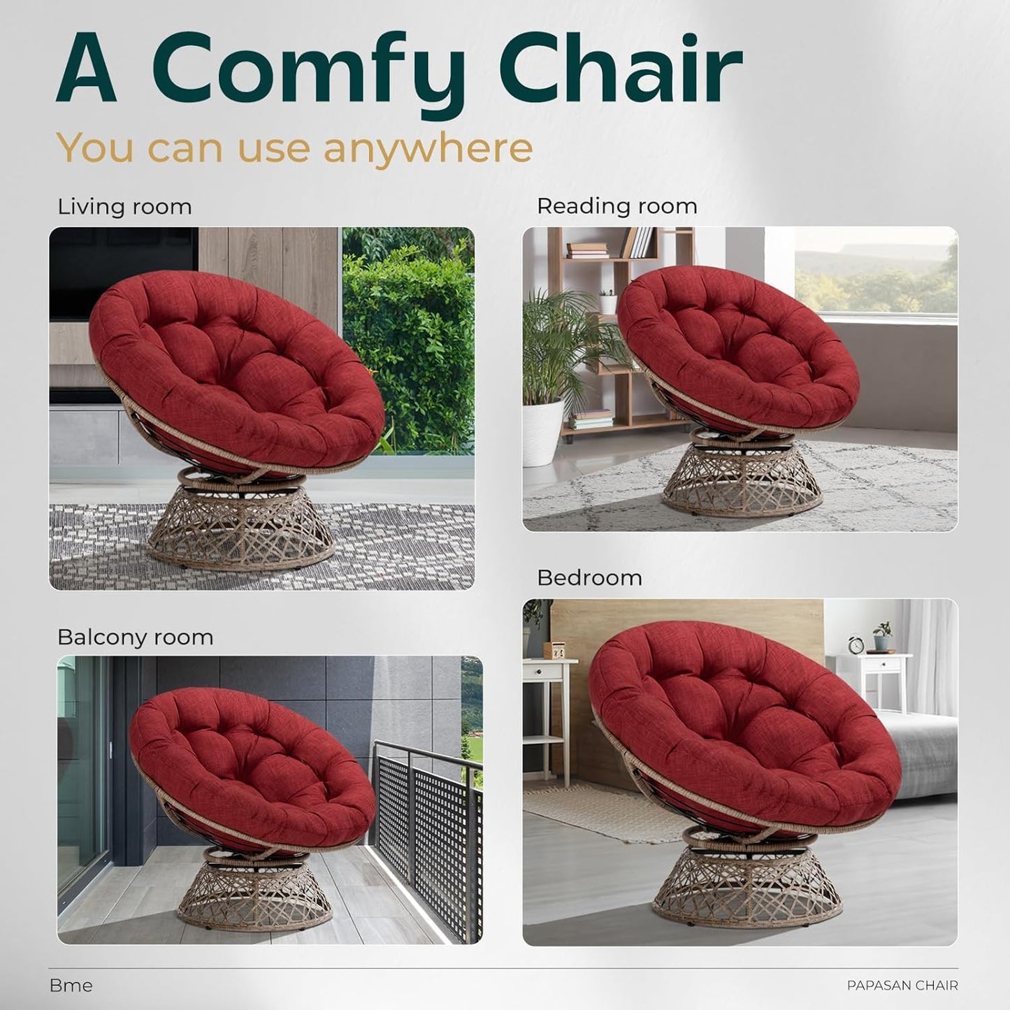 Bme 40" Ergonomic Wicker Papasan Chair with Soft Thick Density Fabric Cushion, High Capacity Steel Frame, 360 Degree Swivel for Living, Bedroom, Reading Room, Lounge, Cherry Sangria-Brown Base