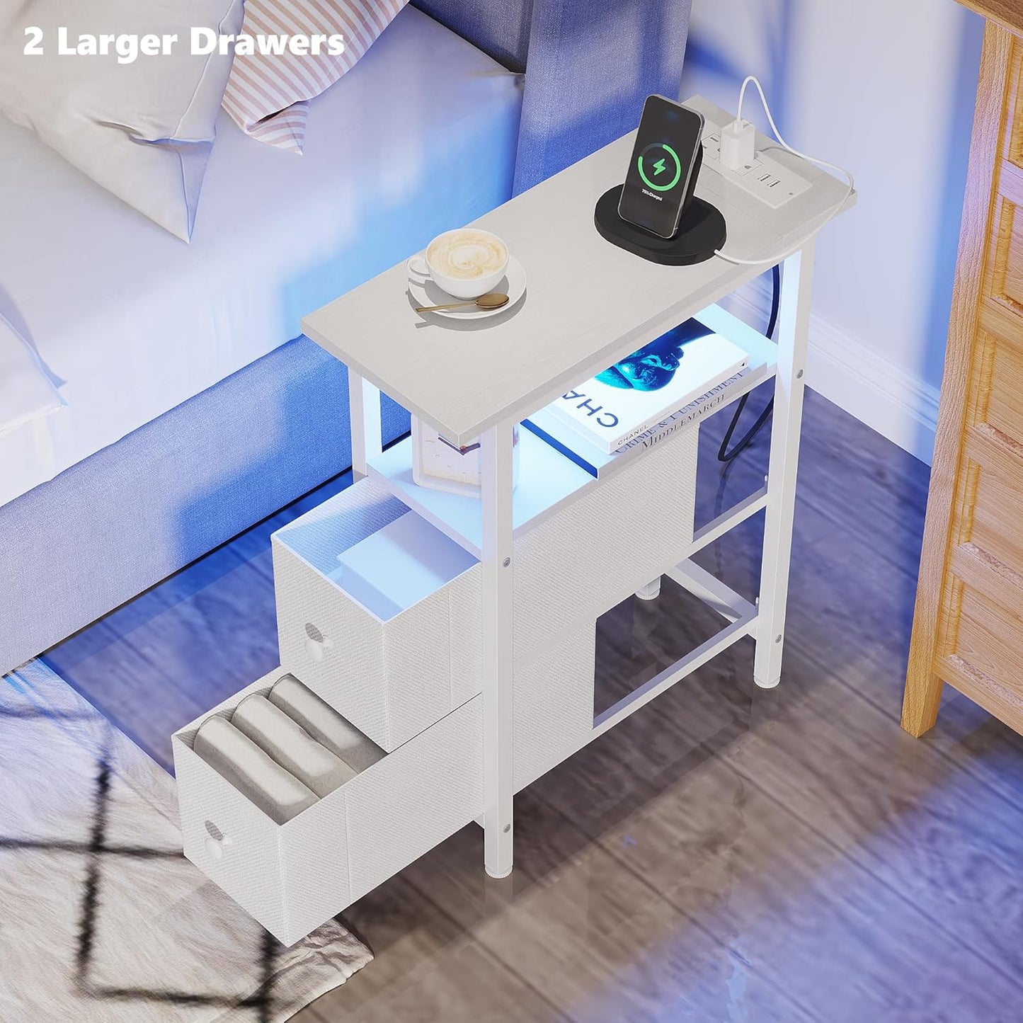 End Table Set 2 with Charging Station, Narrow Side Table with 2 Fabric Drawers, Skinny Nightstand with LED Light, Slim Bedside Table for Bedroom, Living Room, Small Spaces, White