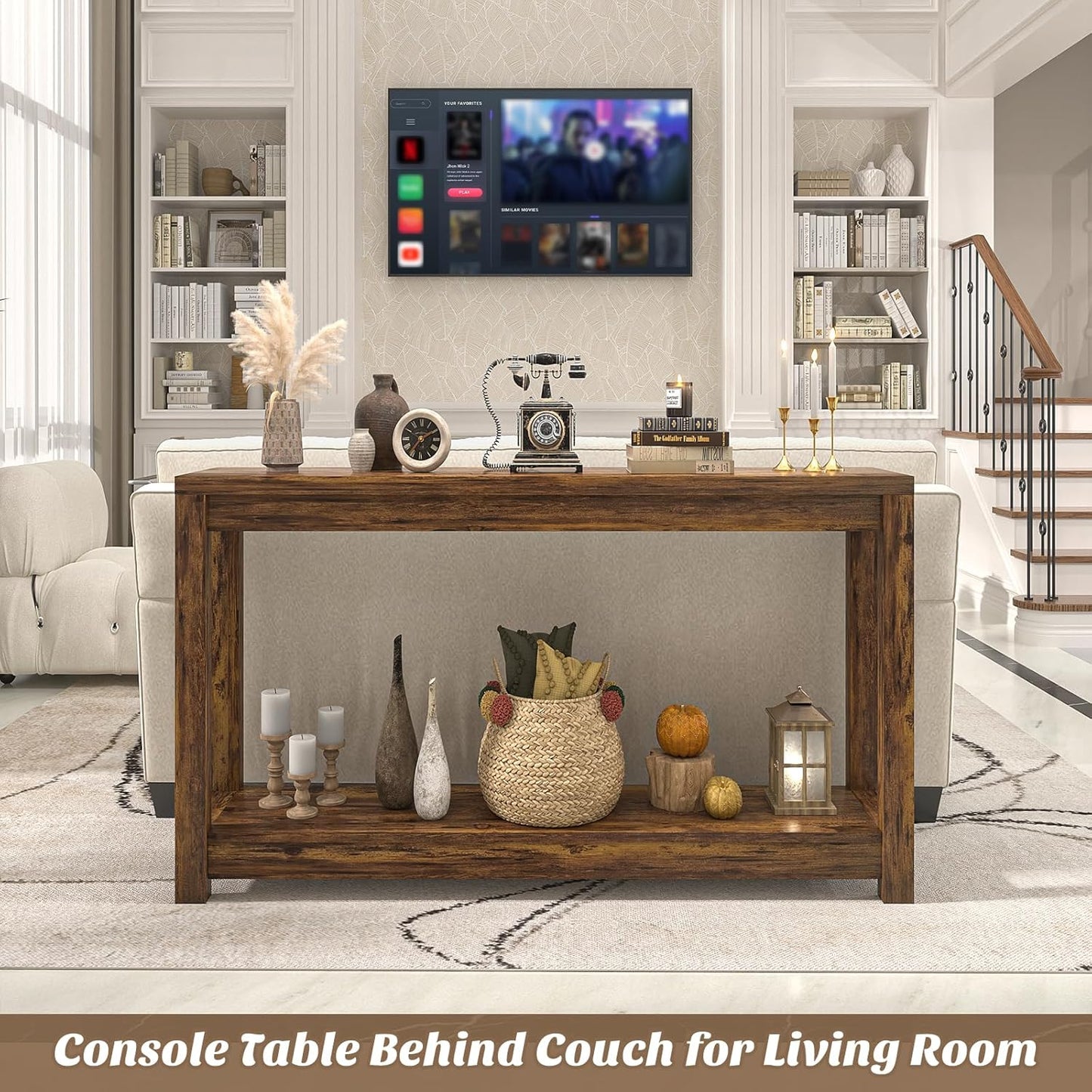47" Farmhouse Wood Entryway Table Narrow Console Table with Storage Behind Couch Sofa Table with Shelves Entry Way Table with Open Storage, Easy Assembly, Rustic Brown