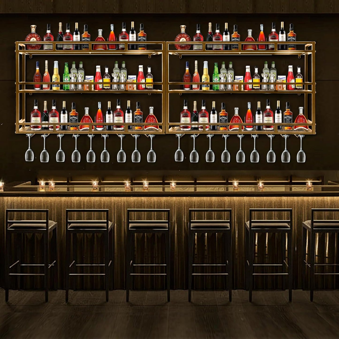 Metal Wine Rack Wall Mounted, Bar Shelves for Liquor Bottles with LED Light, 3 Tier Large Capacity Liquor Rack Wall Mounted with Glass Holder for Home Bar & Dining Room (Gold, 79in/200cm)