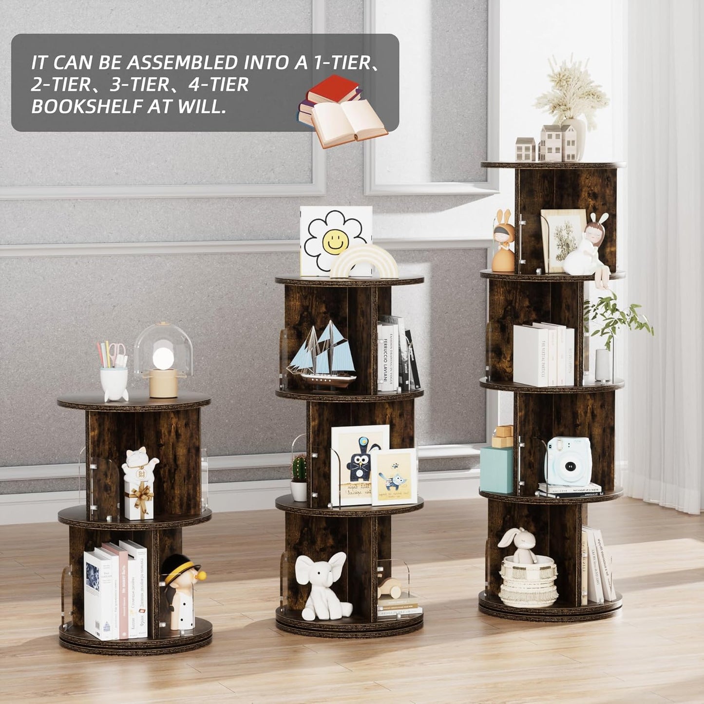 VECELO Rotating Bookshelf Tower, 360°Revolving Bookcase, Modern Tall Book Shelf Storage Display Rack Floor Standing, 4 Tier Storage Rack for Kids&Adults Solid Wood, Brown