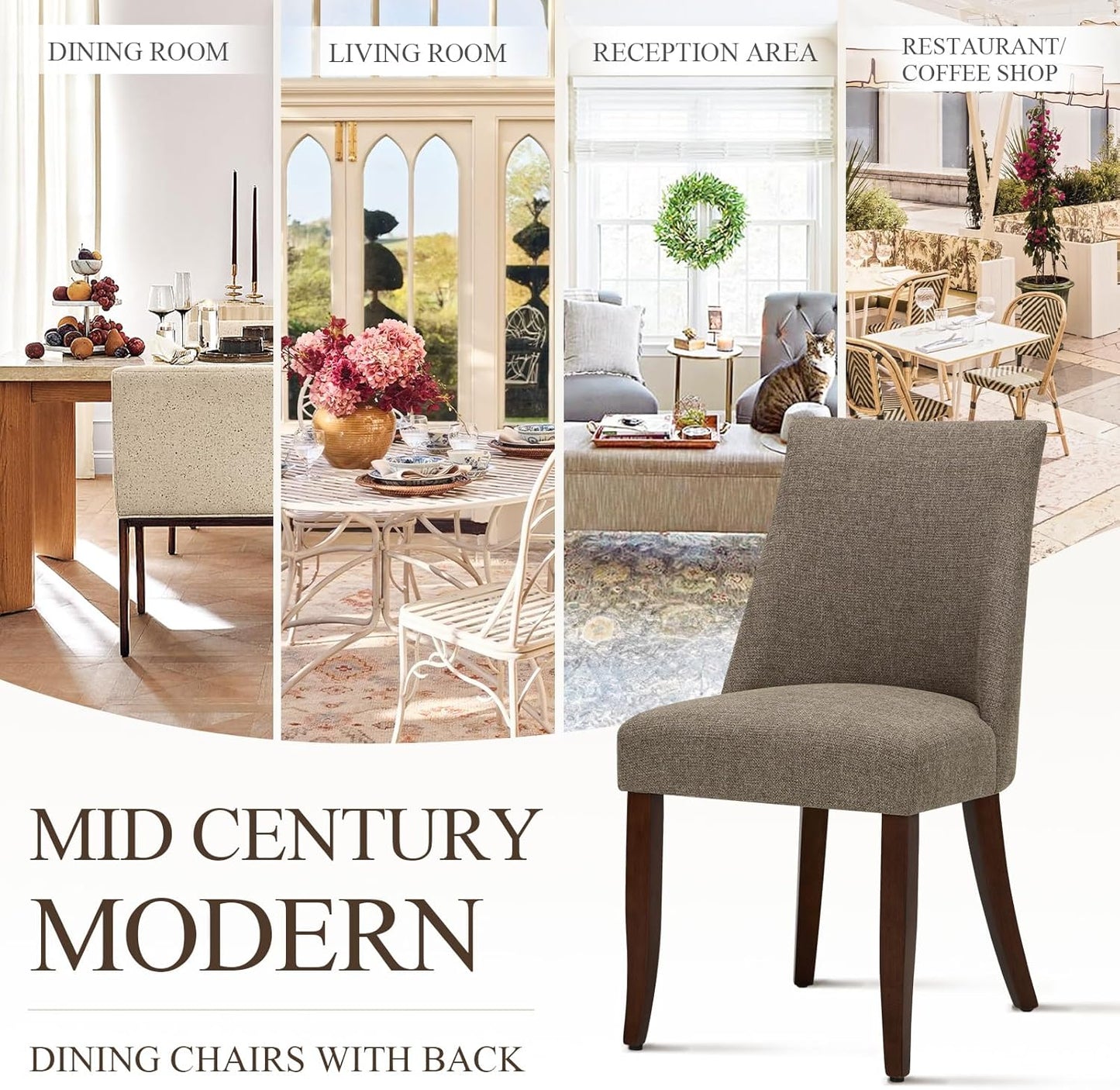 COLAMY Upholstered Dining Chairs Set of 2, Mid Century Modern Kitchen Chairs with Back, Farmhouse Fabric Side Dining Room Chairs with Wood Legs for Dining Room Restaurant, Brown