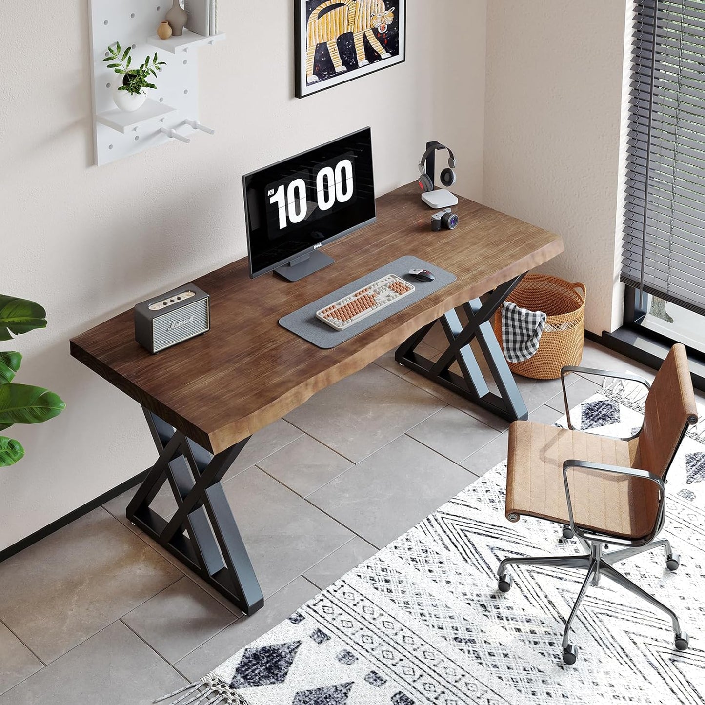 Solid Wood Computer Desk Study Office Desk 55" Writing Desk, Modern Simple Style PC Table, Black Metal Frame, Solid Wood Planks 55" D x 27" W x 29" H for Home Office Bedroom,Rustic Brown