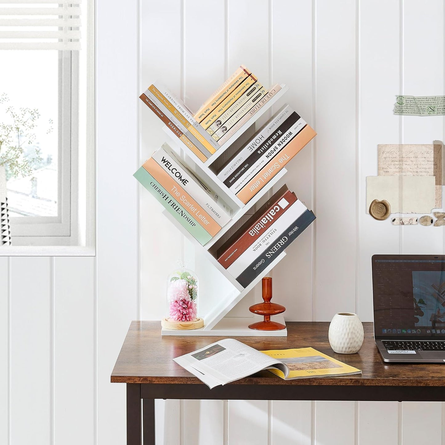 Hoctieon 4 Tier Tree Bookshelf, 4 Shelf Bookcase, Free Standing Tree Bookcase, Display Floor Standing Shelf for Books, Book Organizer Shelves for Home Office, Living Room, Bedroom, White