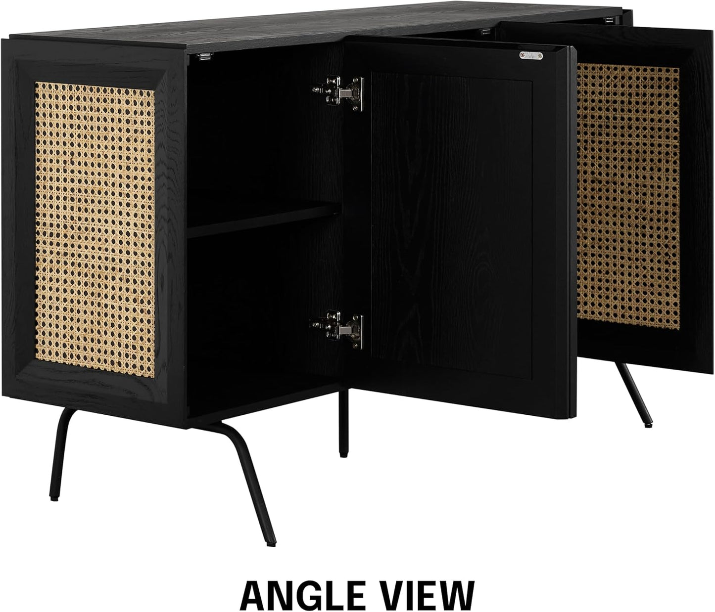 NTC MOSSIC Modern Sideboard with 4 Doors, Natural Rattan Storage Cabinet, Buffet with Metal Legs, Boho Accent Cabinet for Living Room, and Entryway, Effortless Assembly - Burnt Black