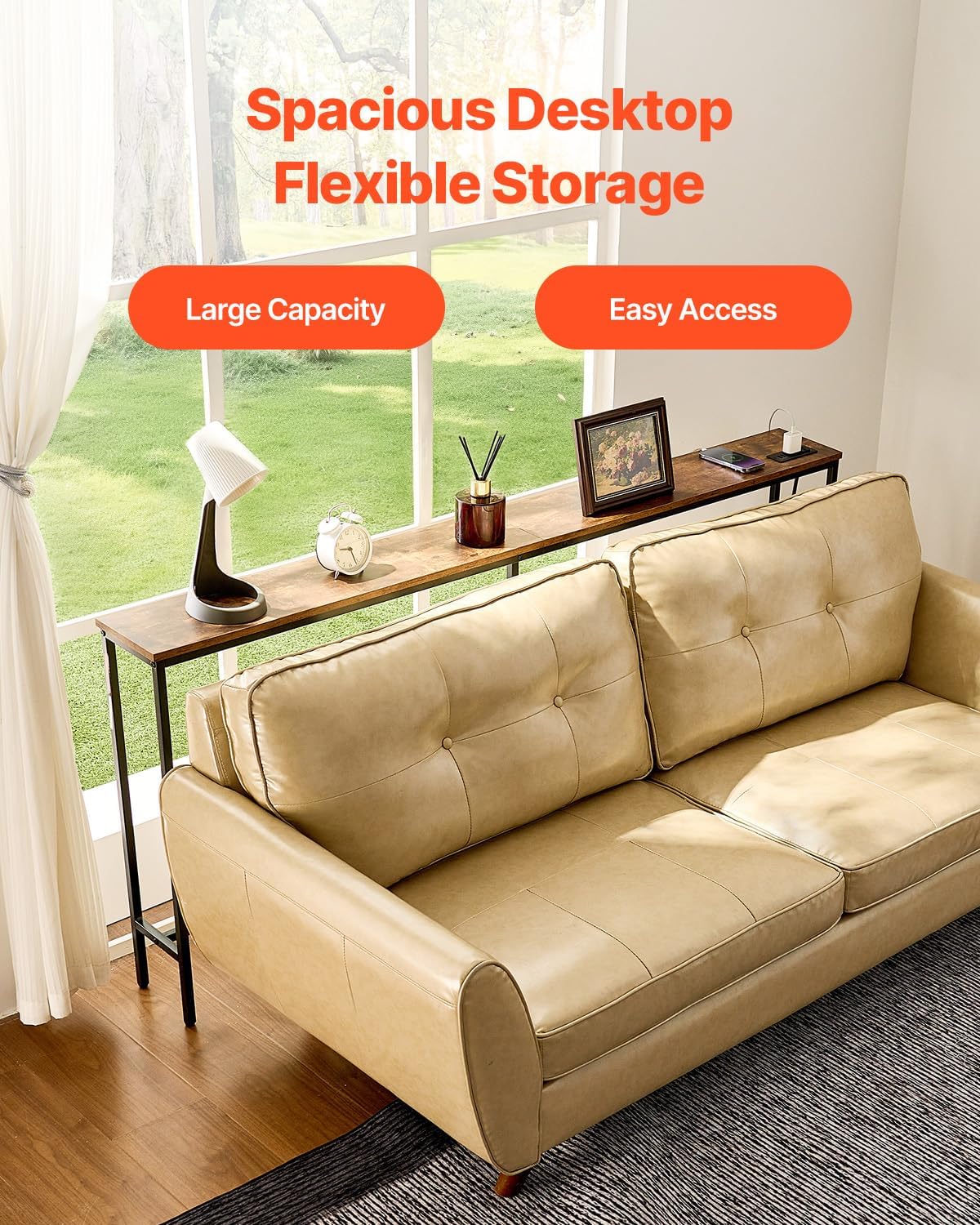 VEVOR Narrow Console Table, 70.9" Behind Couch Shelf with Power Outlets, 1-Tier Long Entryway Shelf, Narrow Sofa Table with Metal Frame and Charge Station, for Entryway, Hallway, Living Room