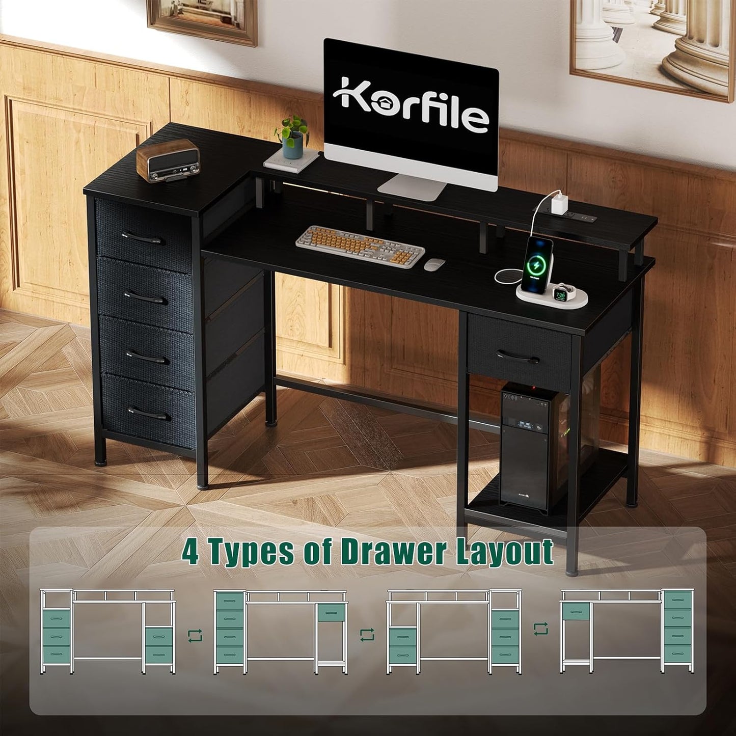 55 Inch Computer Gaming Desk with Power Outlets LED Lights, Reversible Home Office Desk with Adjustable Fabric Drawers for Working Writing Study, Black Oak