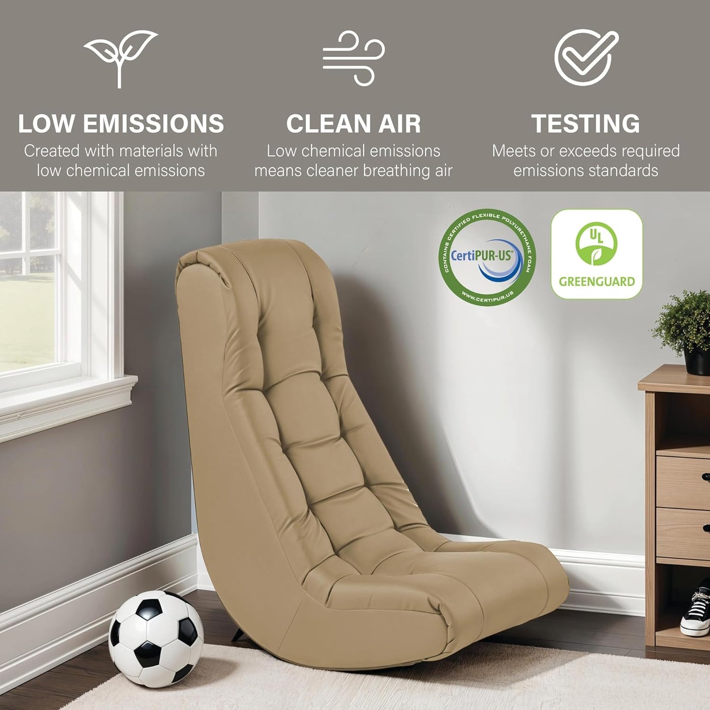 FDP Tufted Floor Rocker for Kids, Teens and Adults; Comfortable, Ergonomic Chair for Reading, Playing Video Games, or Watching TV - Sand, 10488-SD