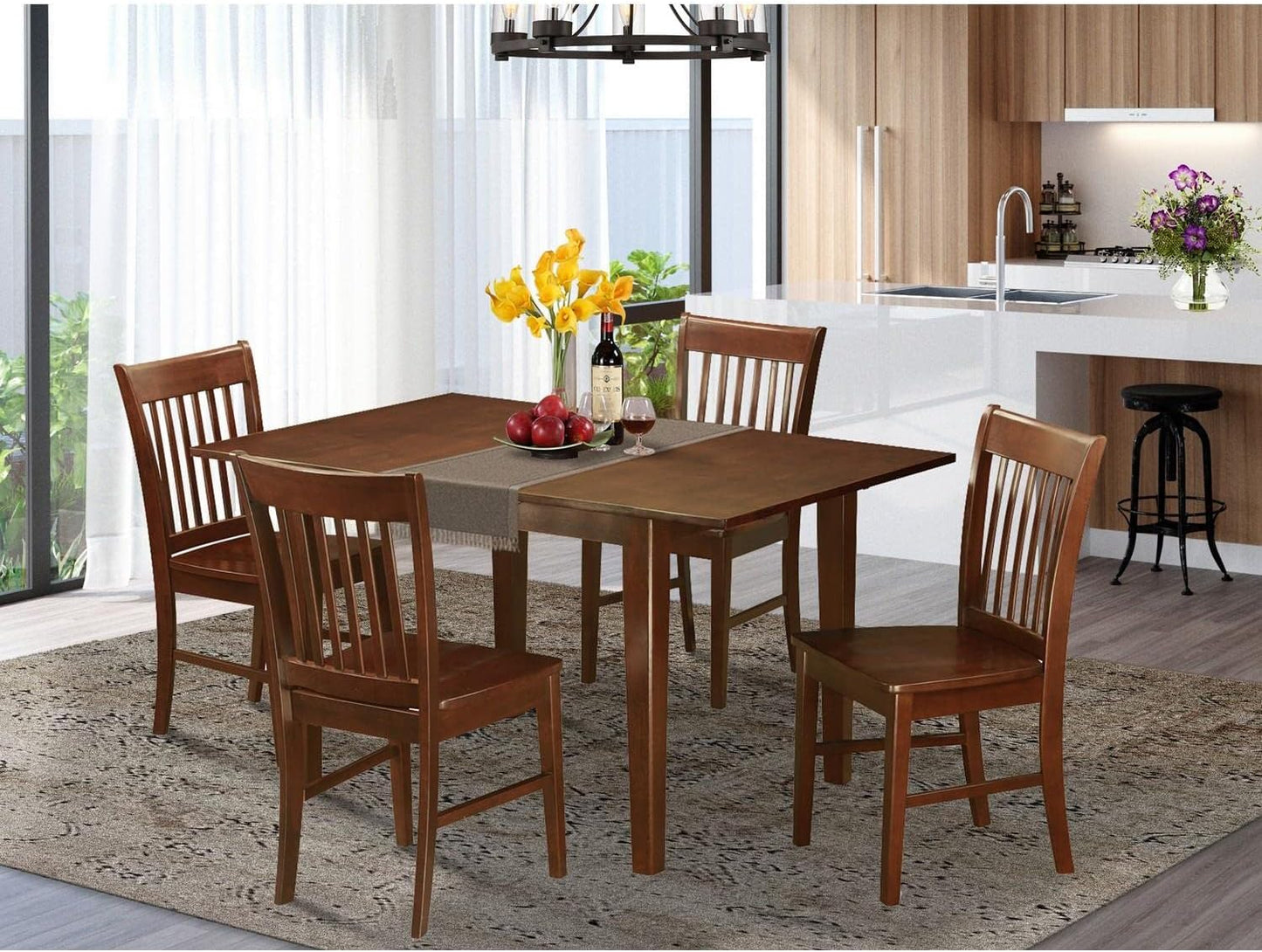 East West Furniture PSNO5-MAH-W 5 Piece Dining Table Set for 4 Includes a Rectangle Kitchen Table with Butterfly Leaf and 4 Dining Room Chairs, 32x60 Inch, Mahogany