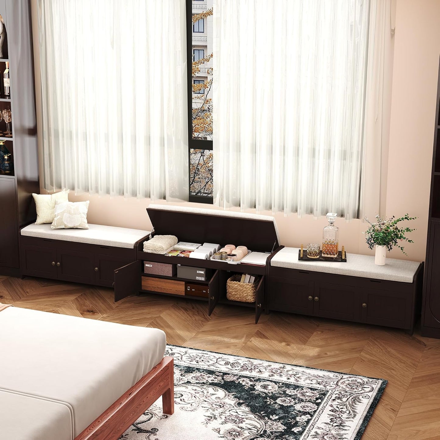 HOMEFORT 41.3" Shoe Bench with Lift Top Storage, Entryway Bench with Cushioned Seat, Wooden End of Bed Bench, Shoe Cabinet Bench with Hidden Storage Space, for Bedroom, Hallway,Espresso