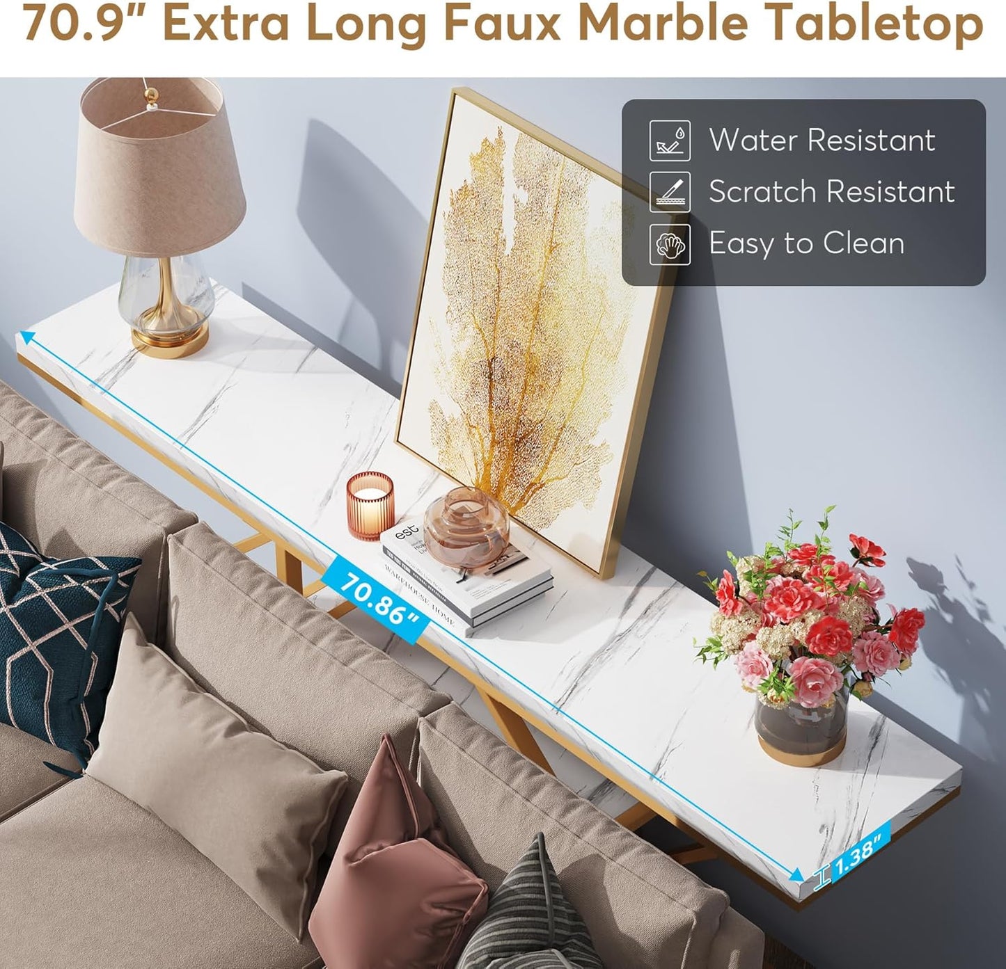 Tribesigns 70.9 inch Extra Long Console Table, Modern Gold Sofa Table Behind Couch with Storage, 4 Tier Entryway Accent Table for Living Room, Hallway, Entrance, Faux Marble White