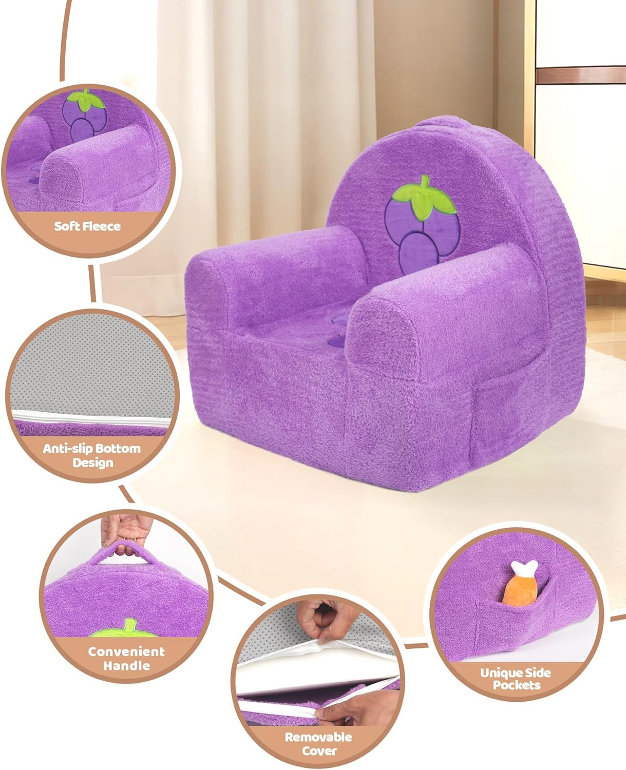 Toddler Chair, Comfy Foam Kids Couch with Soft Velvet Cover, Toddler Couch with Cute Grape Design for Gaming and Studying, Kids Sofa for Boys and Girls