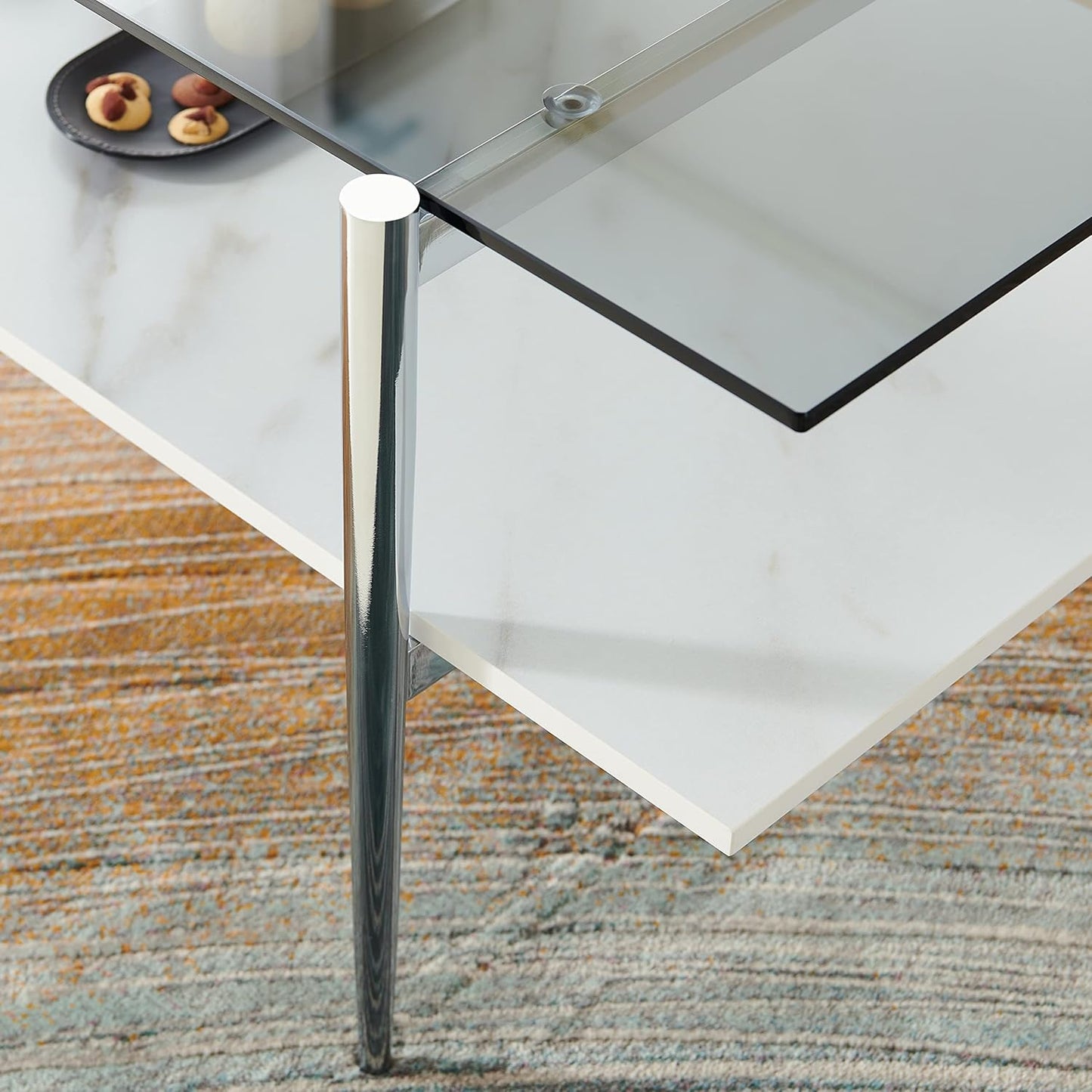 AGV LIGHTING Tadio Glass Coffee Table, Mid-Century Modern Coffee Table for Living Room, Chrome Finish Leg, Gray Glass Top & Faux Marble Wood Shelf, 41 in