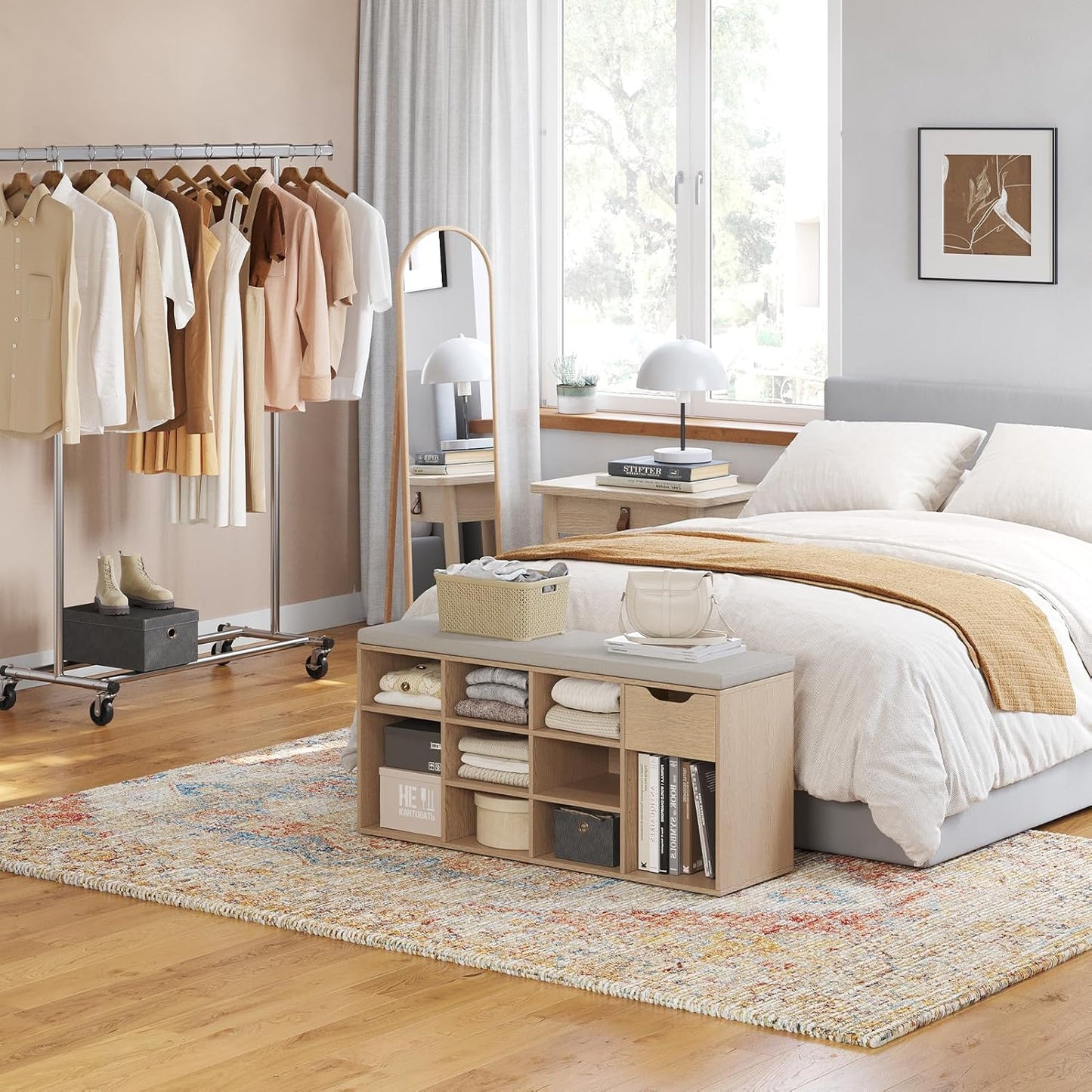 DINZI LVJ Shoe Storage Bench with Cushion, 11- Cubby Entryway Bench with Drawer and Adjustable Shelves, 40.9" Long Cubby Shoe Rack for Living Room, Bedroom, Mudroom, Natural and Cappuccino Beige