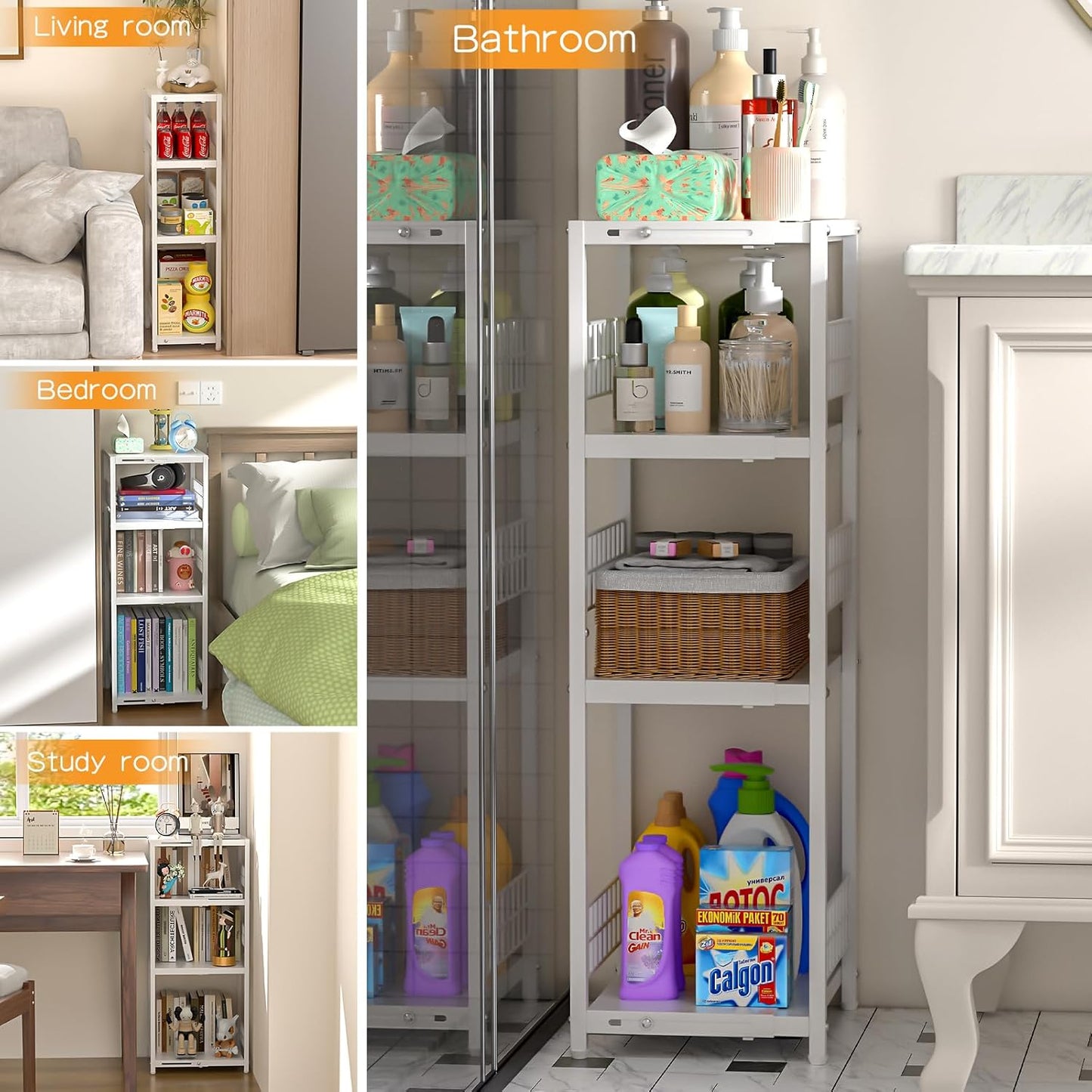 4 Tier Expandable Slim Storage Shelf, Metal Shelving Unit for Bathroom Storage Organizer, Freestanding Narrow Shelf for Small Spaces, Open Floor Shelves for Bathroom, Laundry Room, Kitchen,White