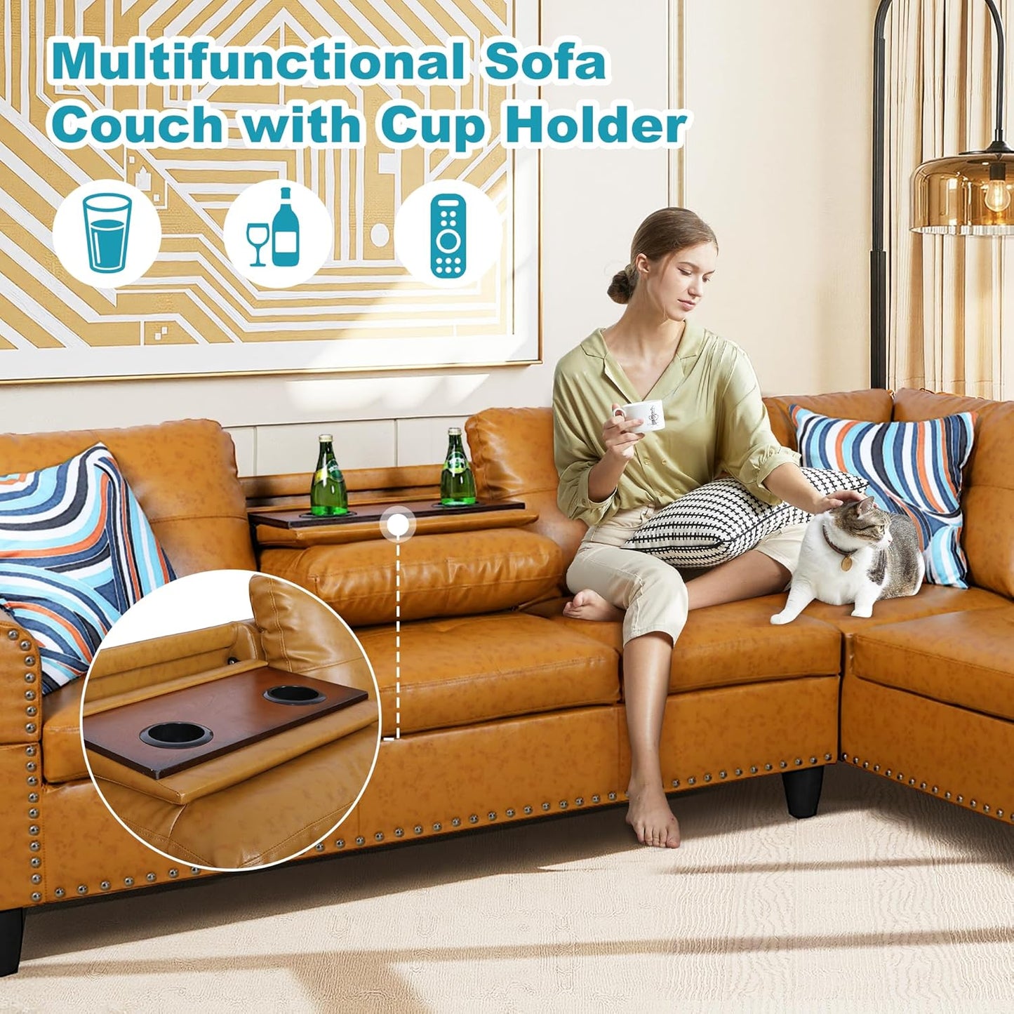 Couches for Living Room PU Leather L Shaped Couch Comfy 3 Pieces Sectional Sofa with Chaise, Ottoman with Storage for Office and Small Apartment, Ginger