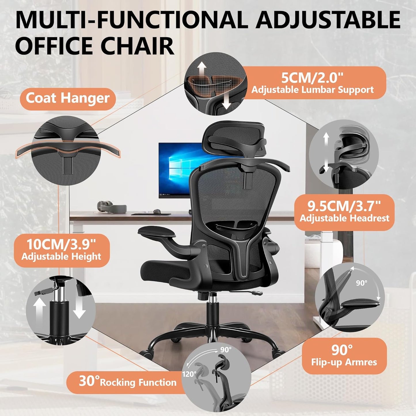 FelixKing Office Chair with Headrest, Ergonomic Desk Chair with Wheels, Task Swivel Comfy Chair with Adjustable Lumbar Support, Breathable Mesh Computer Chair with flip-up Armrests for Home (Black)