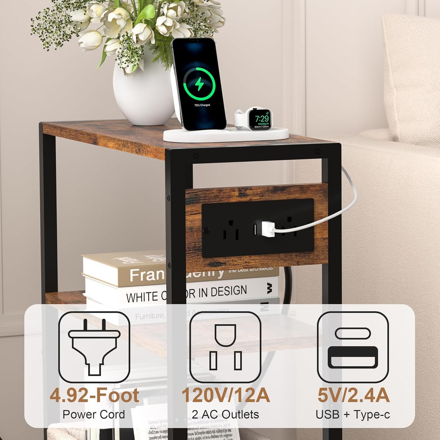 Small Narrow Side Table with Charging Station, Skinny End Table for Small Spaces, Slim Nightstand with Outlets, Sofa Bedside Table in Living Room, Bedroom, Study, Kitchen and Balcony (Rustic Brown)