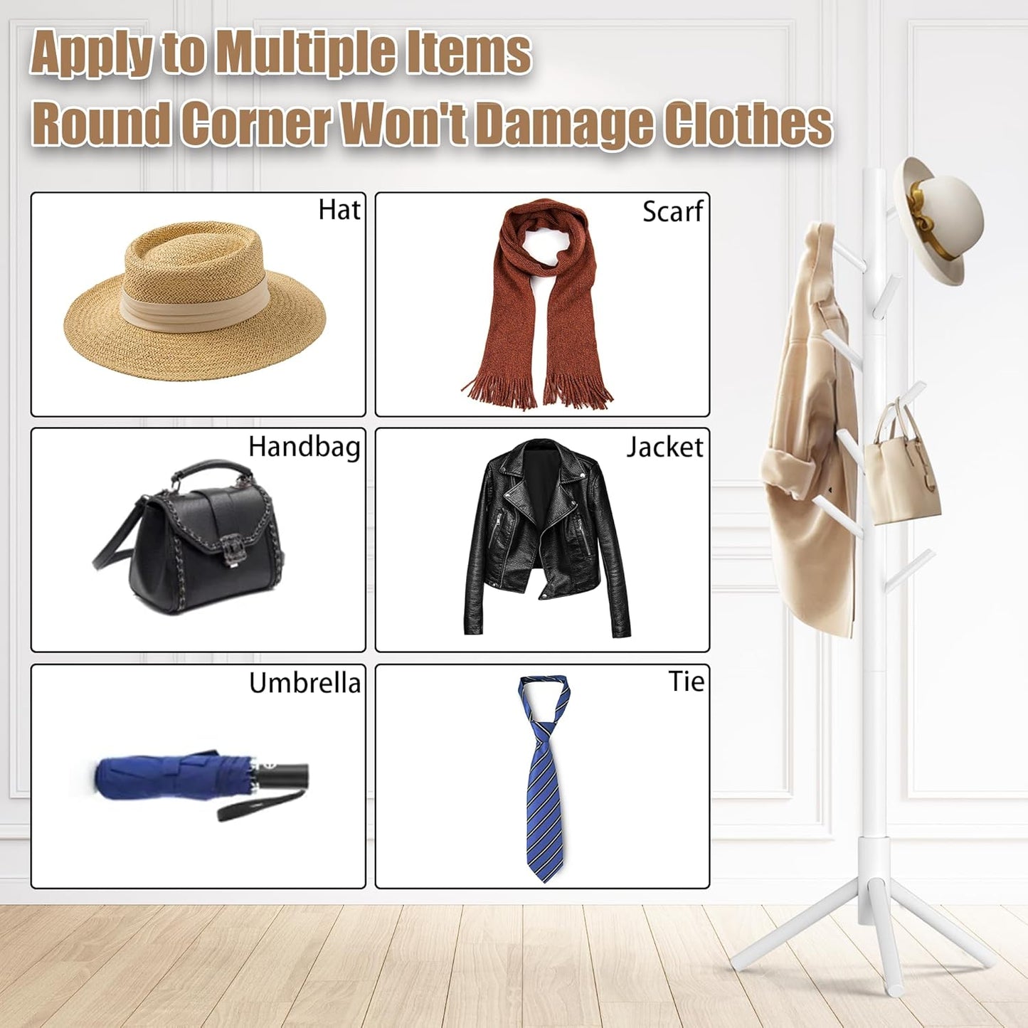 Wooden Coat Rack Stand, Freestanding Coat Rack with 8 Hooks, 3 Adjustable Size Coat Tree for Hats, Coats, Scarves bags, Coat Hanger Stand Used in Bedroom/Office/Entryway (White)