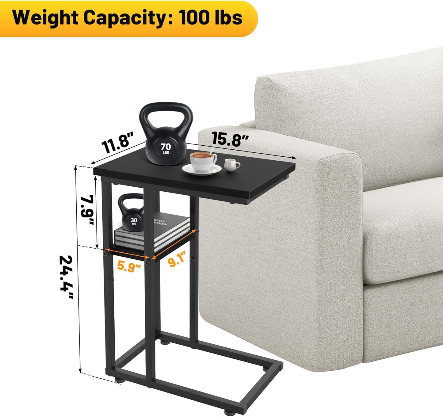 C Shaped End Table, Sturdy 2 Tier C Shaped Side Table for Couch Sofa Bedside Small Space, Couch Side Table for Living Room Bedroom, Easy to Assemble, Classic Black