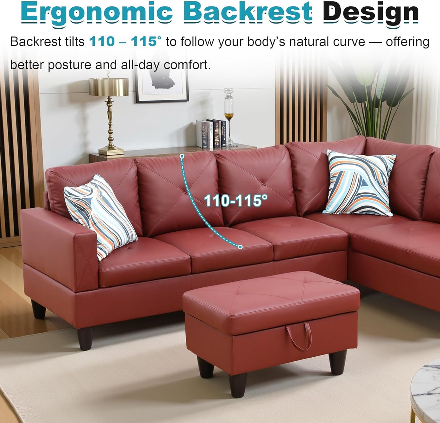 97" Oversized Sectional Couch, L Shaped Couch with Storage Ottoman, Modern Modular Sofa with Deep Seat, Sectional Couches for Living Room and Office, Red (Faux Leather)