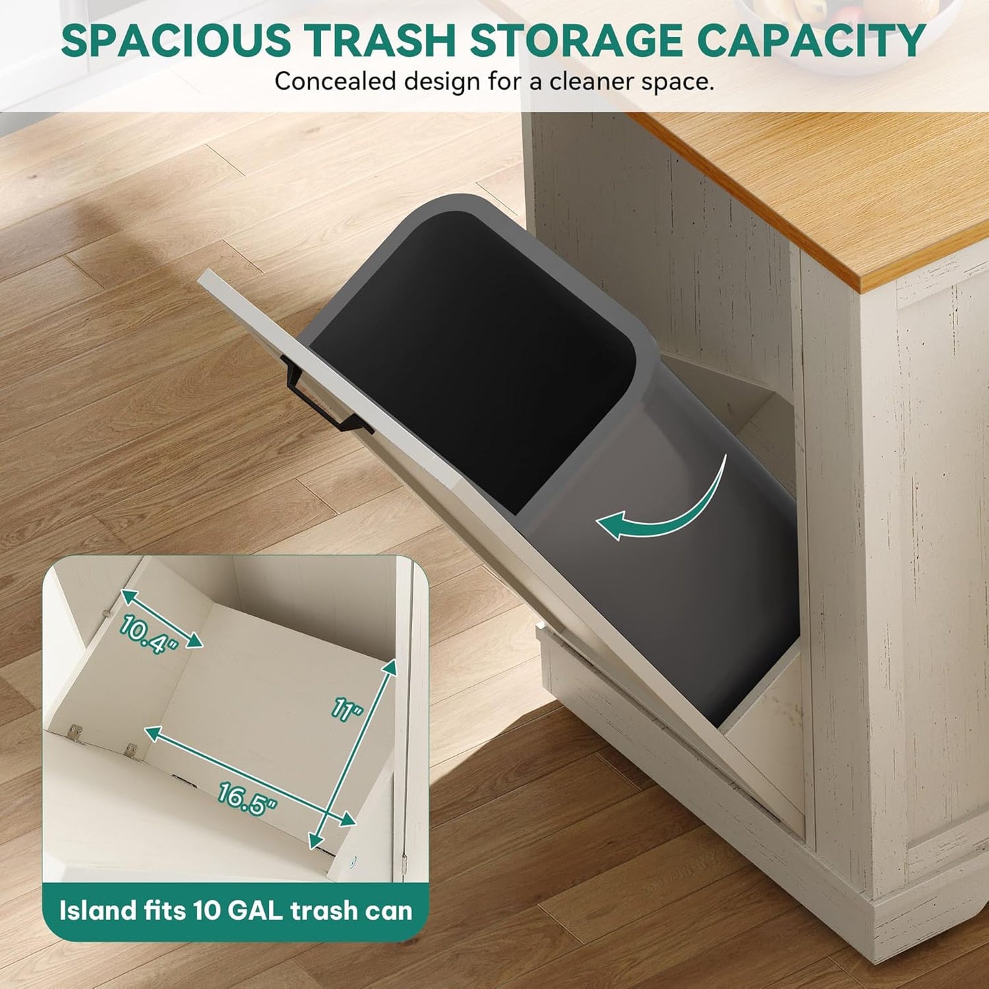 YITAHOME 50" Kitchen Island with Power Outlet & Drop Leaf, Rolling Island Cart with Trash Can Cabinet, Mobile Storage Islands with Microwave Rack, Door Storage Spice Rack, Retro White