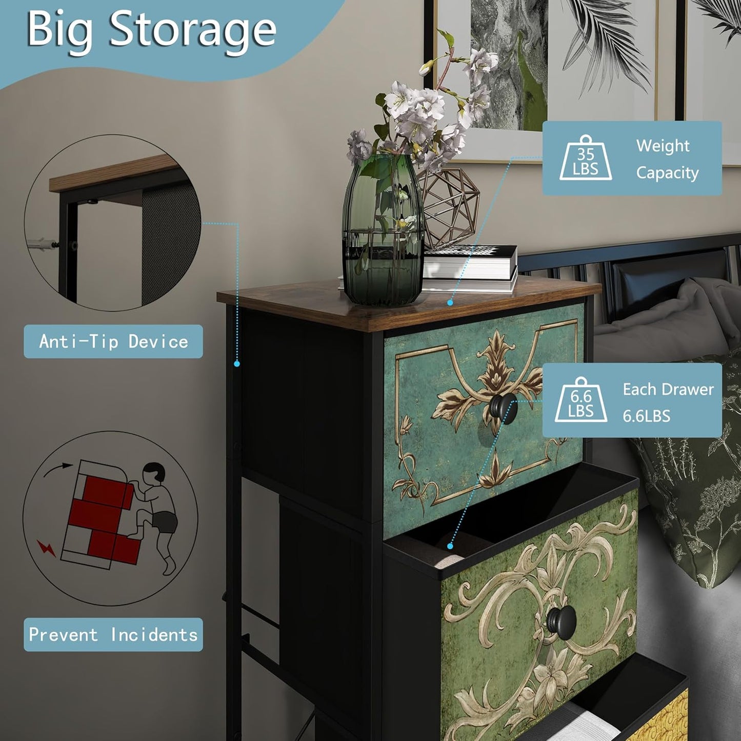 Tohomeor Small Dresser for Bedroom with Retro Flower Narrow Drawers Slim Chest of Drawers Skinny Nightstand Sofa End Table for Living Room Entryway Closet Storage (Multi, 5 Drawers)