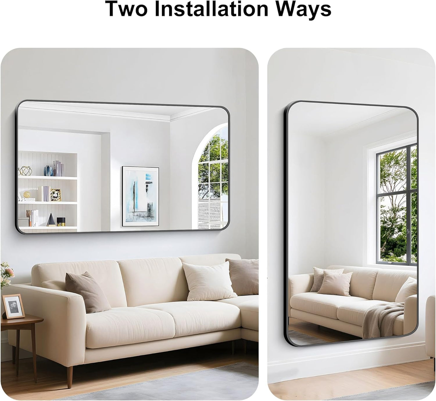 KOCUUY Black Bathroom Mirror 60"x36", Large Vanity Mirror with Rounded Corner, Metal Black Frame with Mordern Design for Bathroom, Living Room, Entryway, Hang Horizontal/Vertical